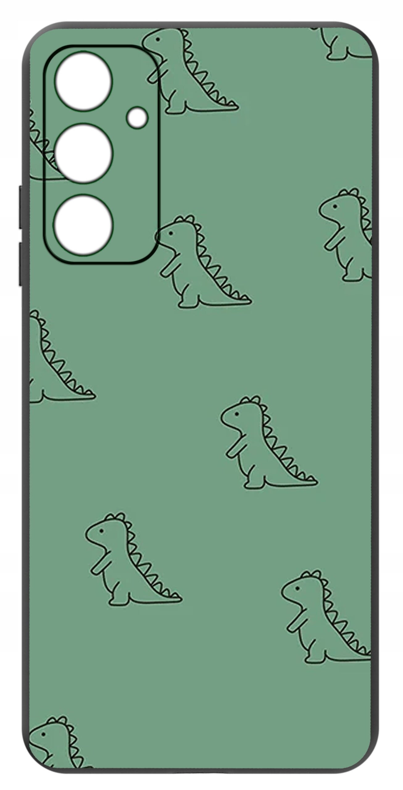 Etui na telefon w kolorze zielonym z wzorem małych dinozaurów. Posiada wycięcia na aparat i przyciski.