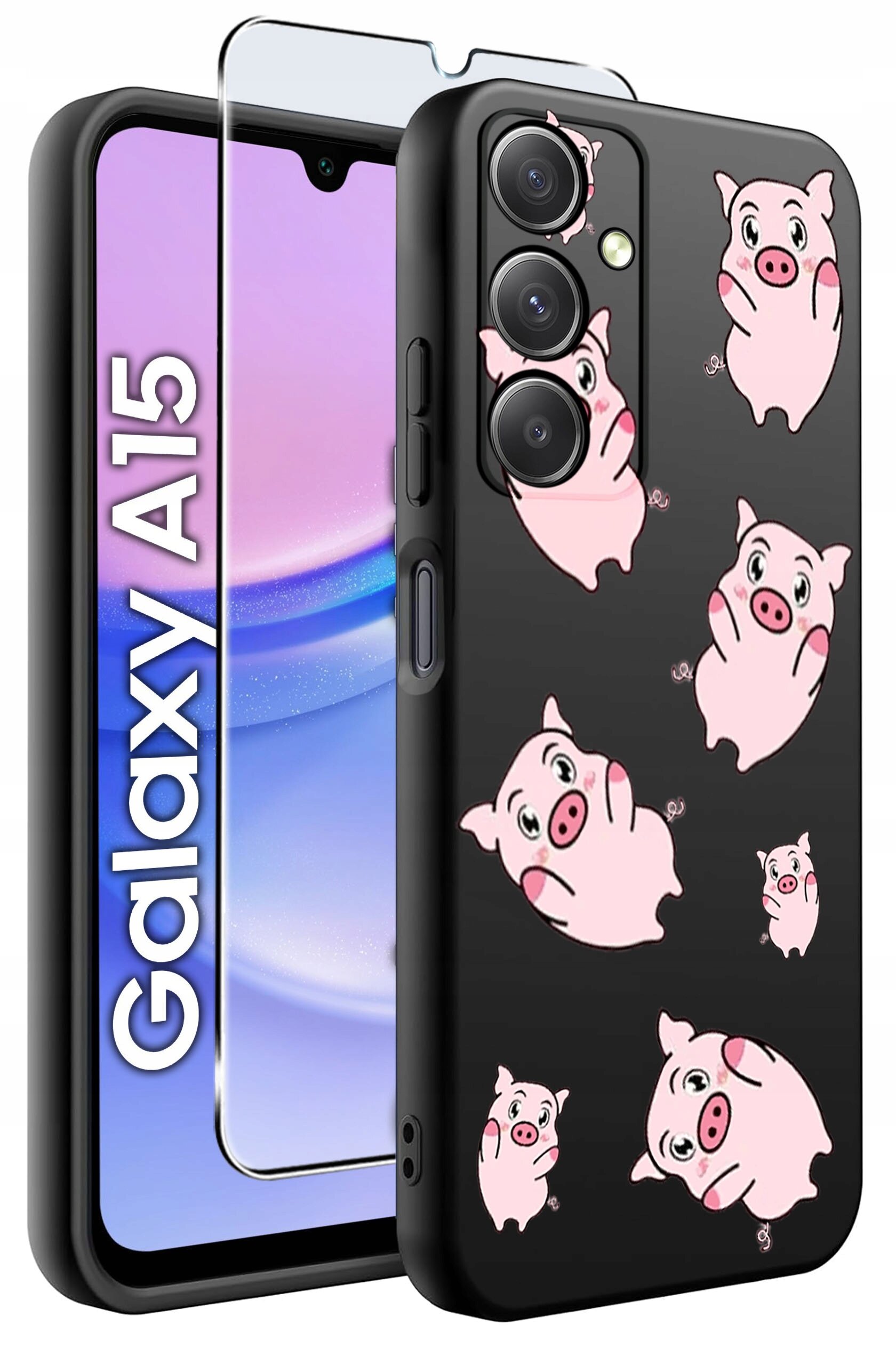 Obraz przedstawia czarne etui na telefon z nadrukiem różowych świnek oraz szkło ochronne. Na ekranie telefonu widoczny jest napis \'Galaxy A15\'.