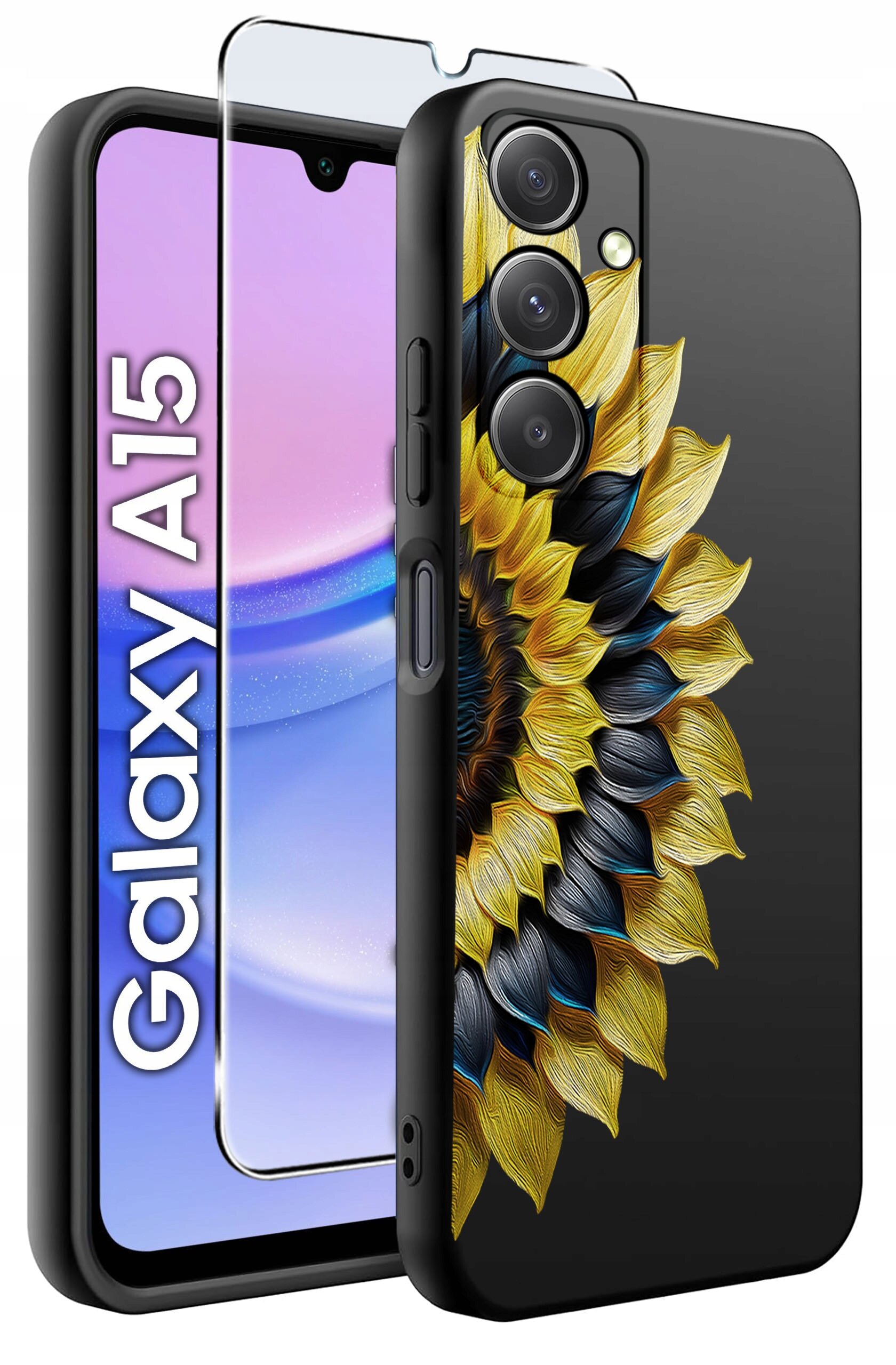 Obraz przedstawia etui na telefon z wzorem słonecznika oraz szkło ochronne. Na ekranie telefonu widoczny jest napis \'Galaxy A15\'.