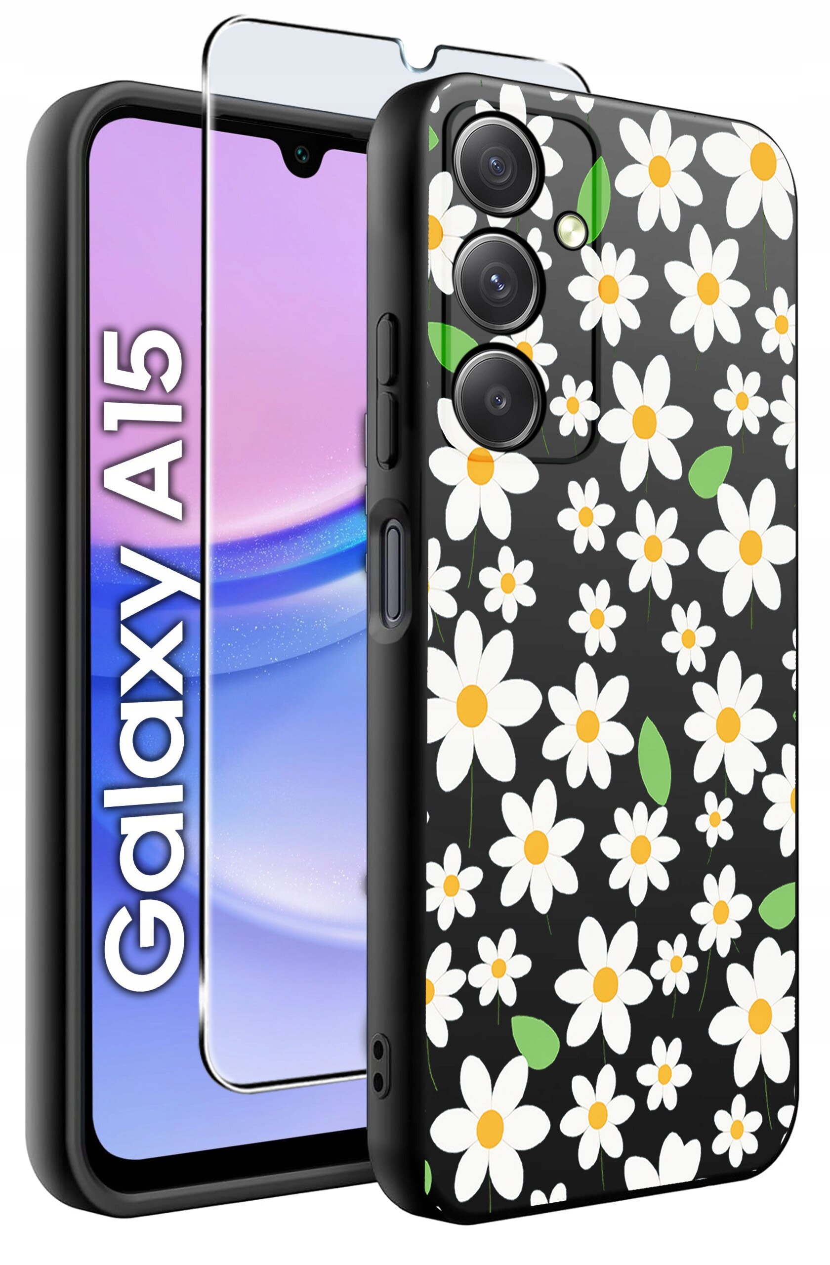 Obraz przedstawia etui na telefon z wzorem białych kwiatów na czarnym tle oraz szkło ochronne. Obok widoczny jest telefon z napisem \'Galaxy A15\'.