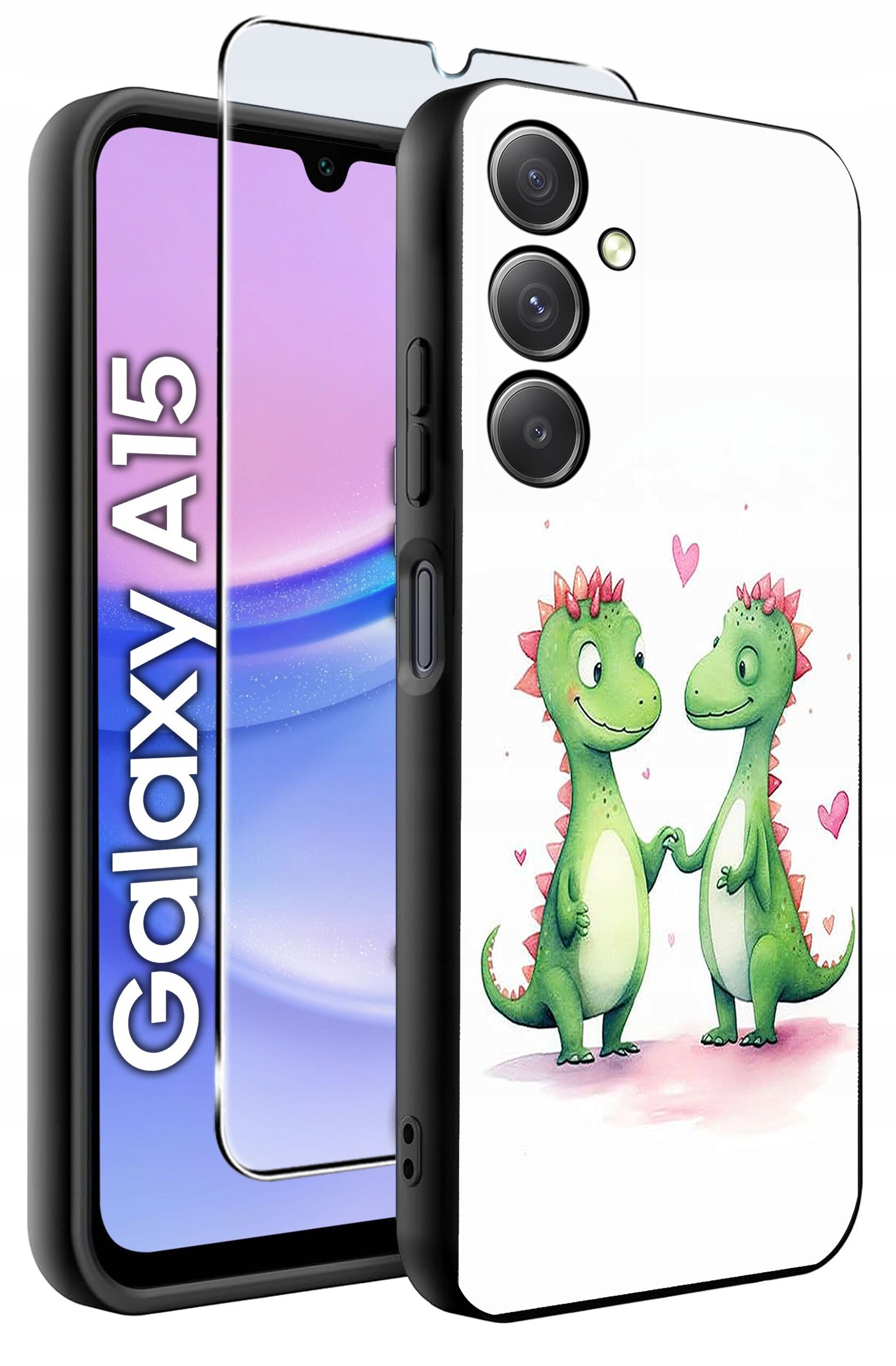 Etui na telefon z grafiką dwóch zielonych dinozaurów trzymających się za ręce, otoczonych różowymi serduszkami. Obok etui widoczna jest szybka ochronna oraz napis \'Galaxy A15\'.