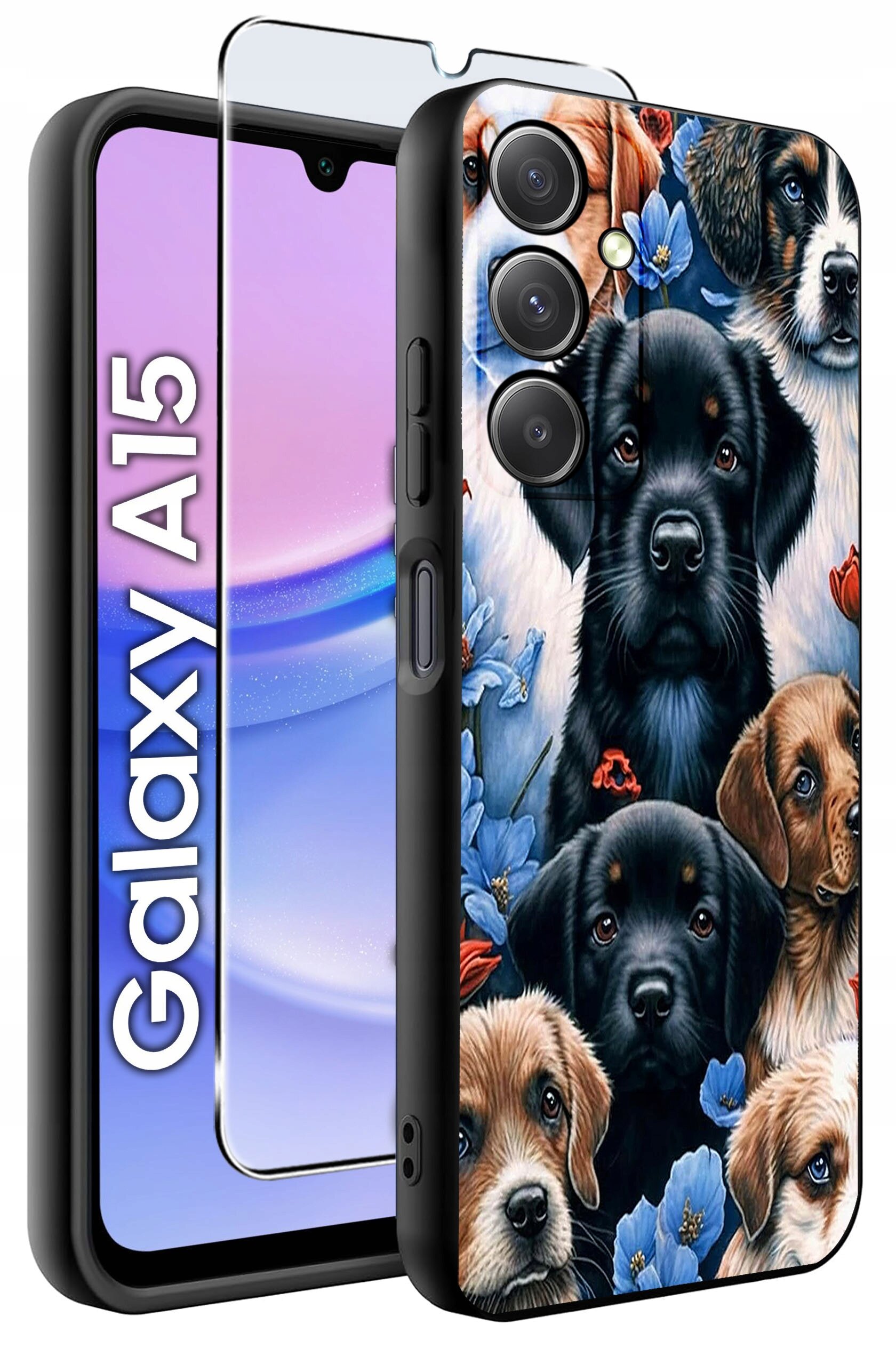 Etui na telefon z wzorem przedstawiającym psy oraz kwiaty, obok widoczna jest szybka ochronna. Na ekranie telefonu widoczny jest napis \'Galaxy A15\'.