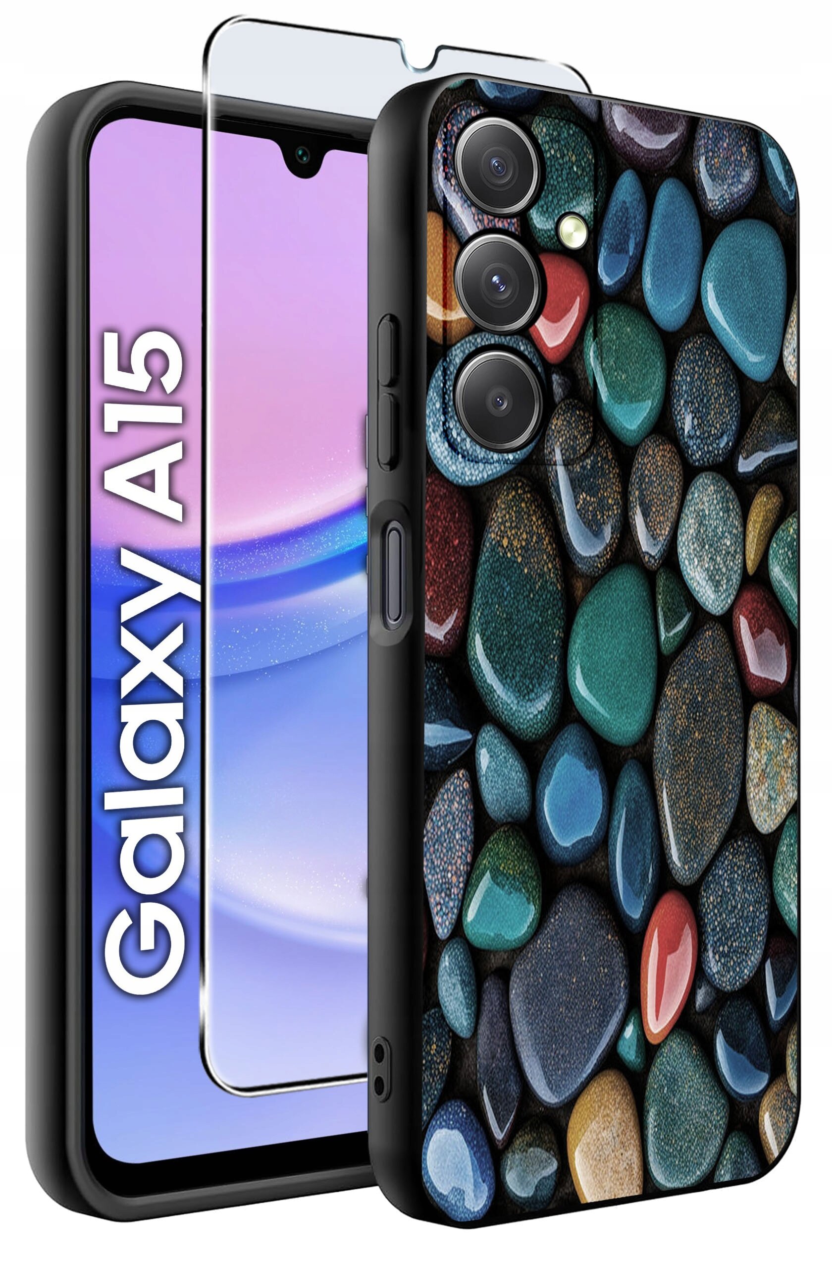 Obraz przedstawia etui na telefon z kolorowym wzorem przypominającym kamienie oraz szkło ochronne. Na ekranie telefonu widoczny jest napis \'Galaxy A15\'.