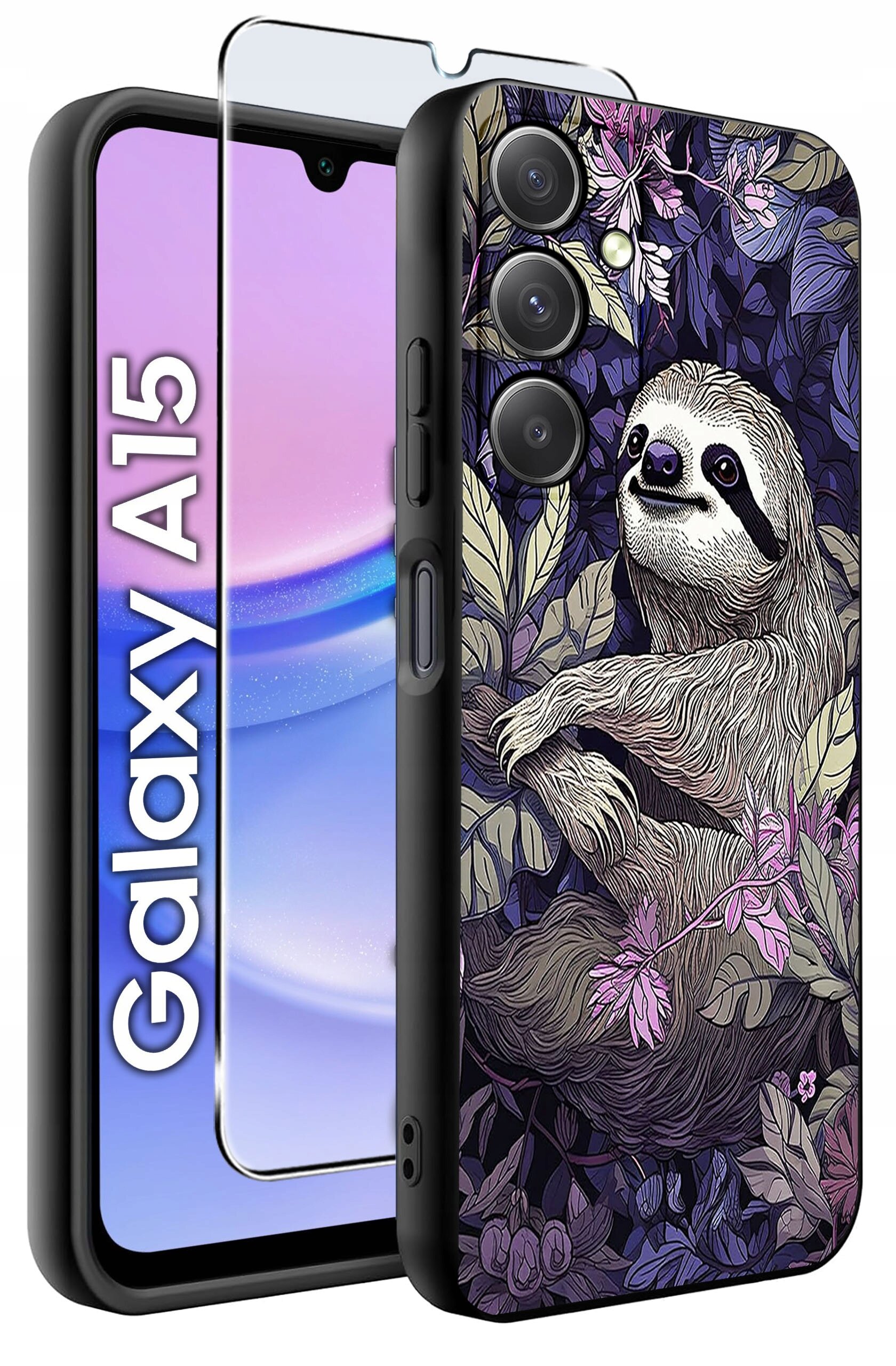 Obraz przedstawia silikonowe etui na telefon z motywem leniwca wśród liści i kwiatów. Obok etui znajduje się szkło ochronne oraz widoczny napis \'Galaxy A15\'.