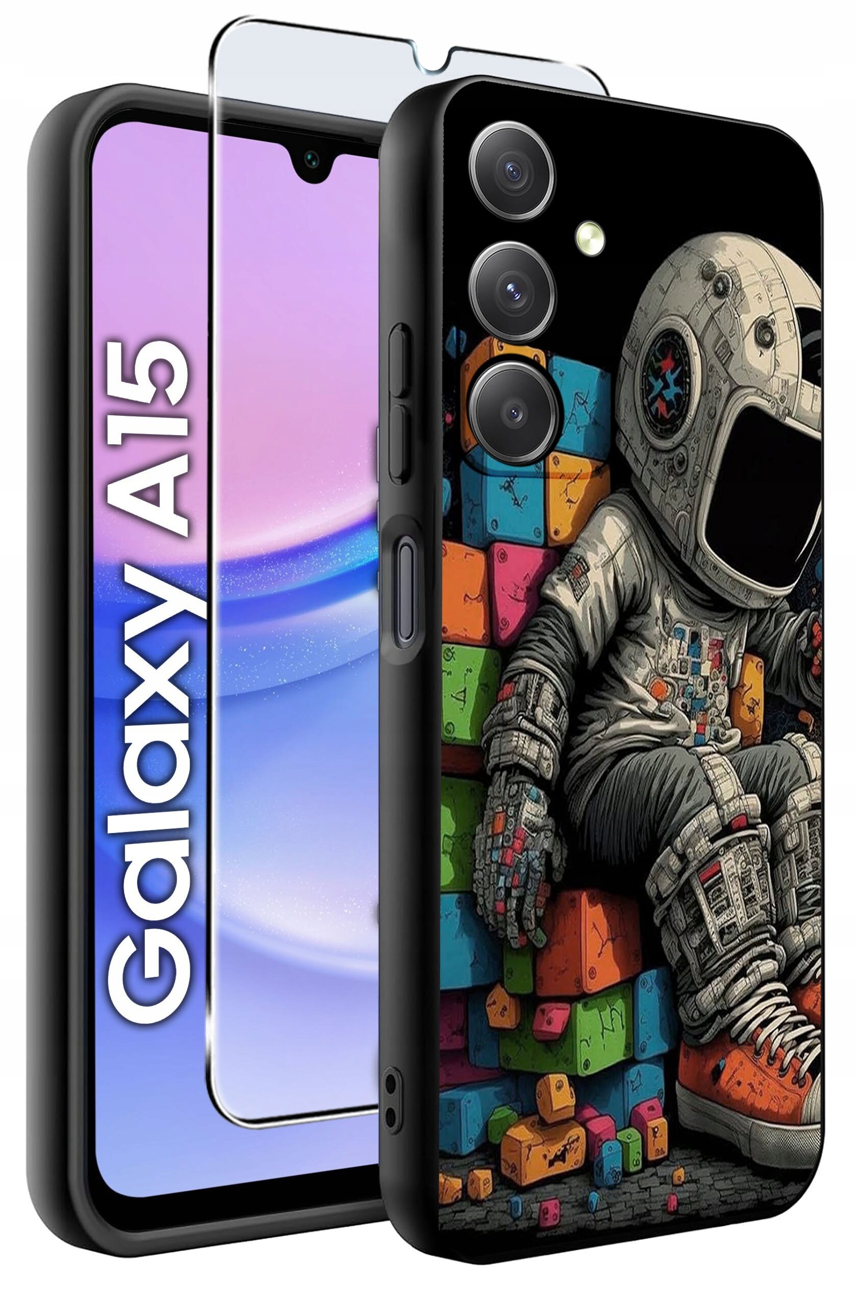 Etui na telefon z kolorowym wzorem przedstawiającym astronautę siedzącego na klockach. Obok widoczny jest telefon z napisem \'Galaxy A15\' oraz szkło ochronne.