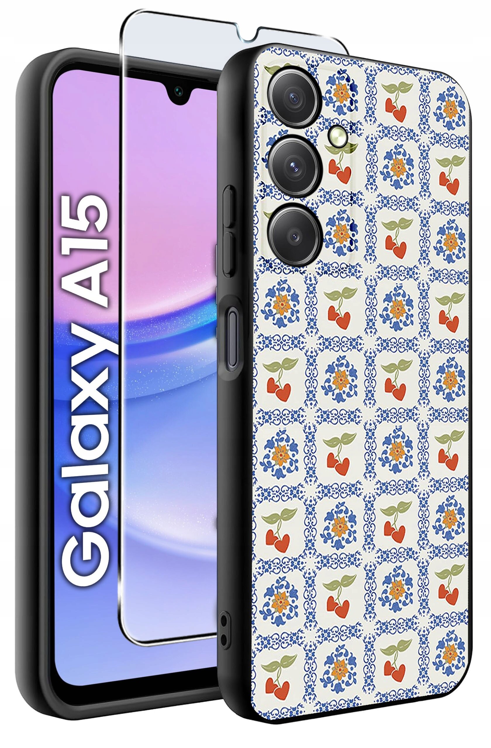Obraz przedstawia telefon z etui o wzorze z kwiatami i owocami oraz szkło ochronne. Na ekranie telefonu widoczny jest napis \'Galaxy A15\'.