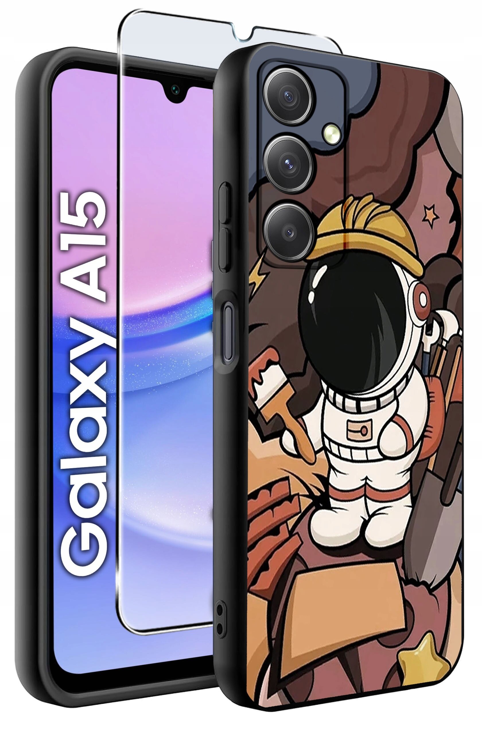 Obraz przedstawia etui na telefon z grafiką astronauty w kasku, trzymającego pędzel. Obok znajduje się szkło ochronne oraz telefon z widocznym napisem \'Galaxy A15\'.
