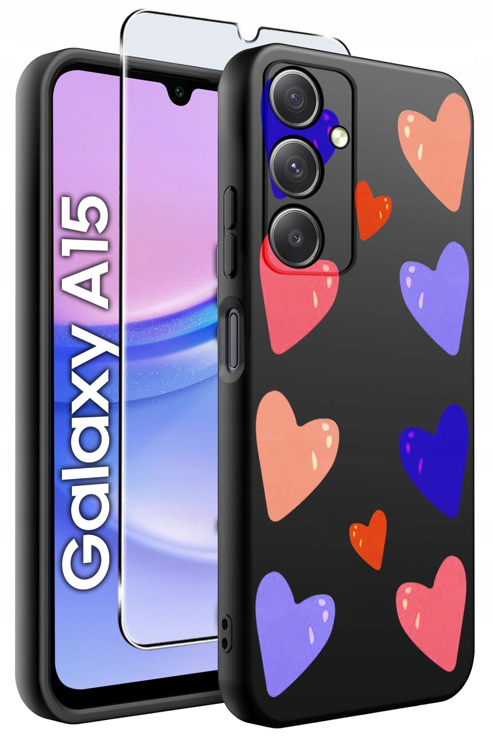 Obraz przedstawia czarne etui na telefon z kolorowymi sercami oraz szkło ochronne. Na ekranie telefonu widoczny jest napis \'Galaxy A15\'.