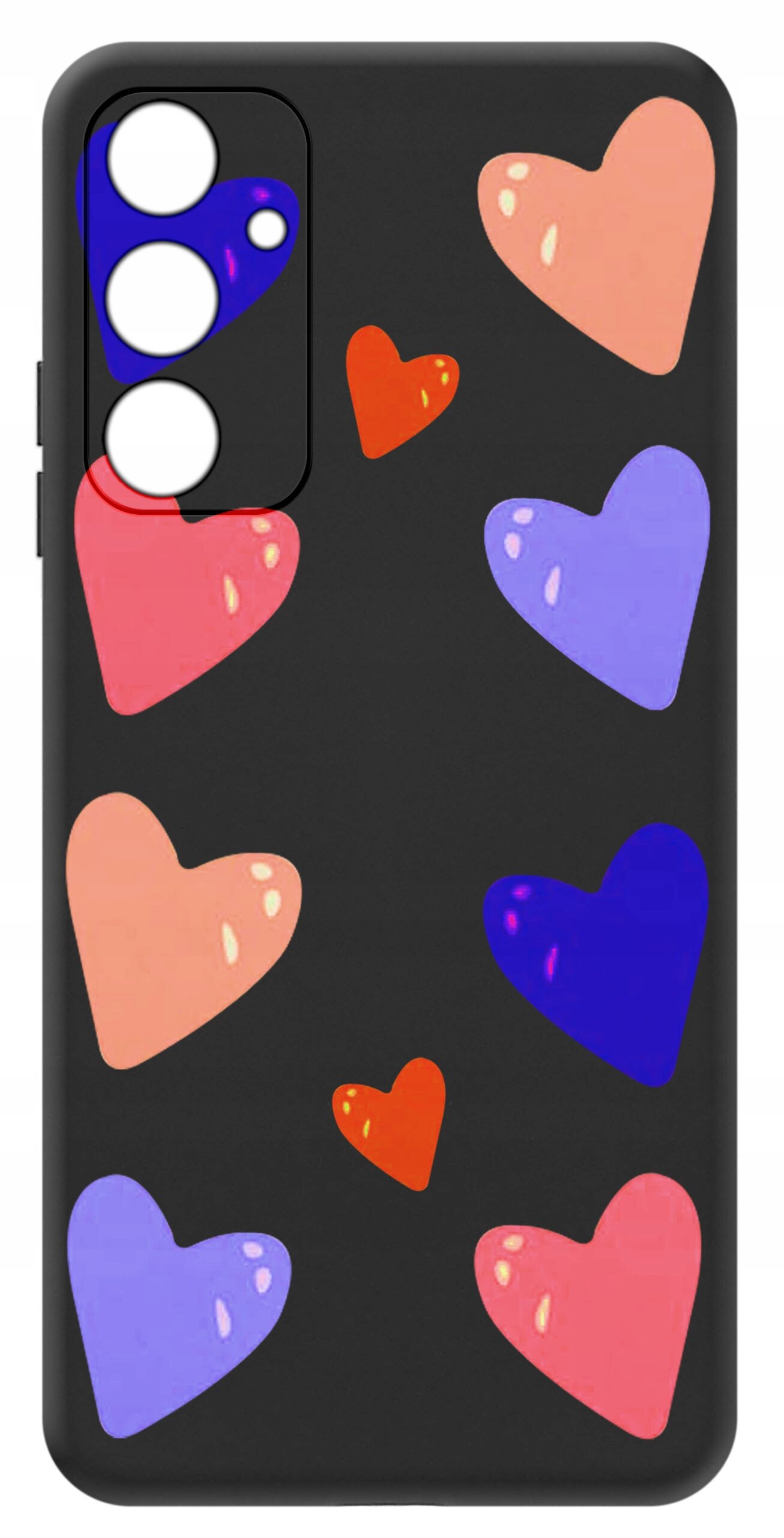 Czarne etui na telefon z kolorowymi sercami w odcieniach różu, fioletu i czerwieni. Etui ma wycięcia na aparat i przyciski.
