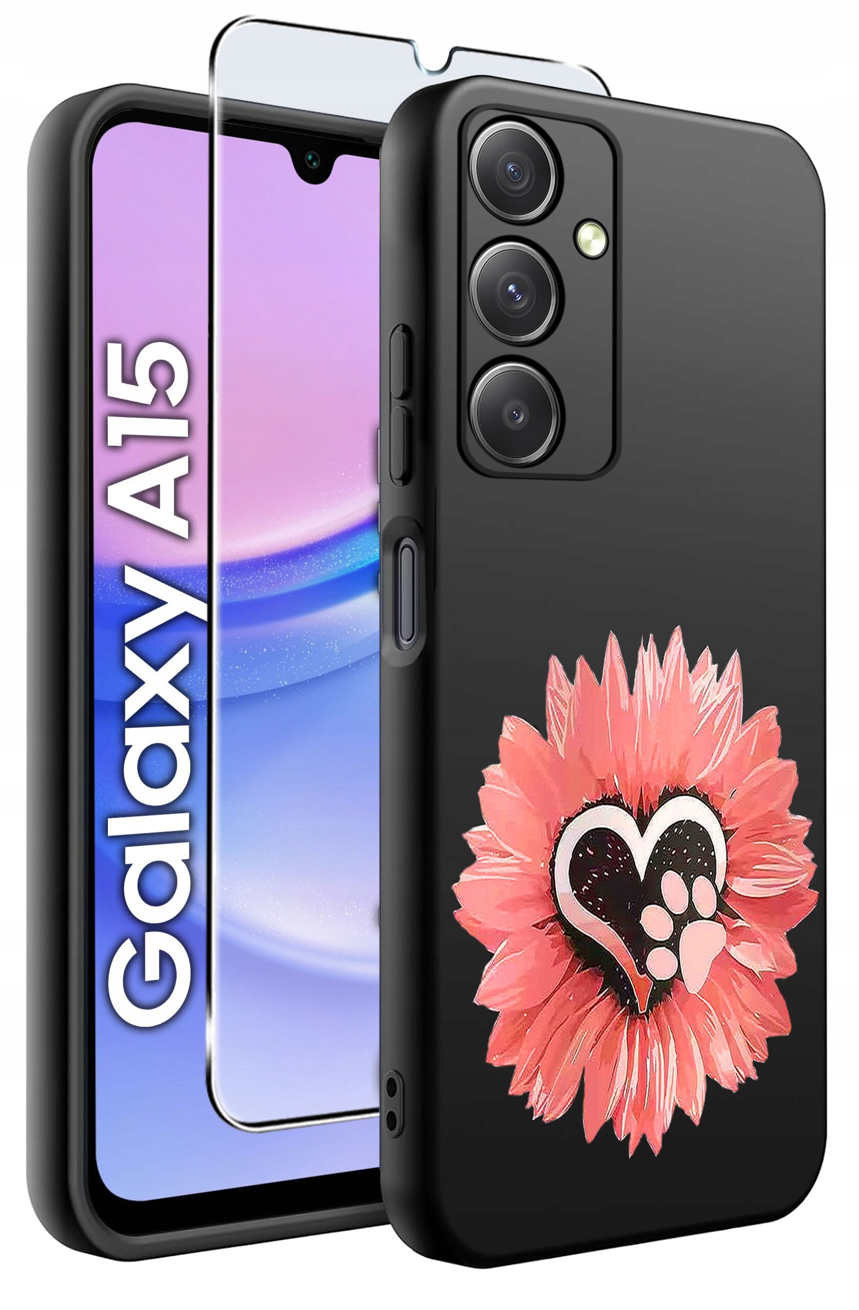 Czarny silikonowy etui z różowym kwiatem i sercem z odciskiem łapy na tylnej części. Obok znajduje się telefon z napisem \'Galaxy A15\' oraz szkło ochronne.