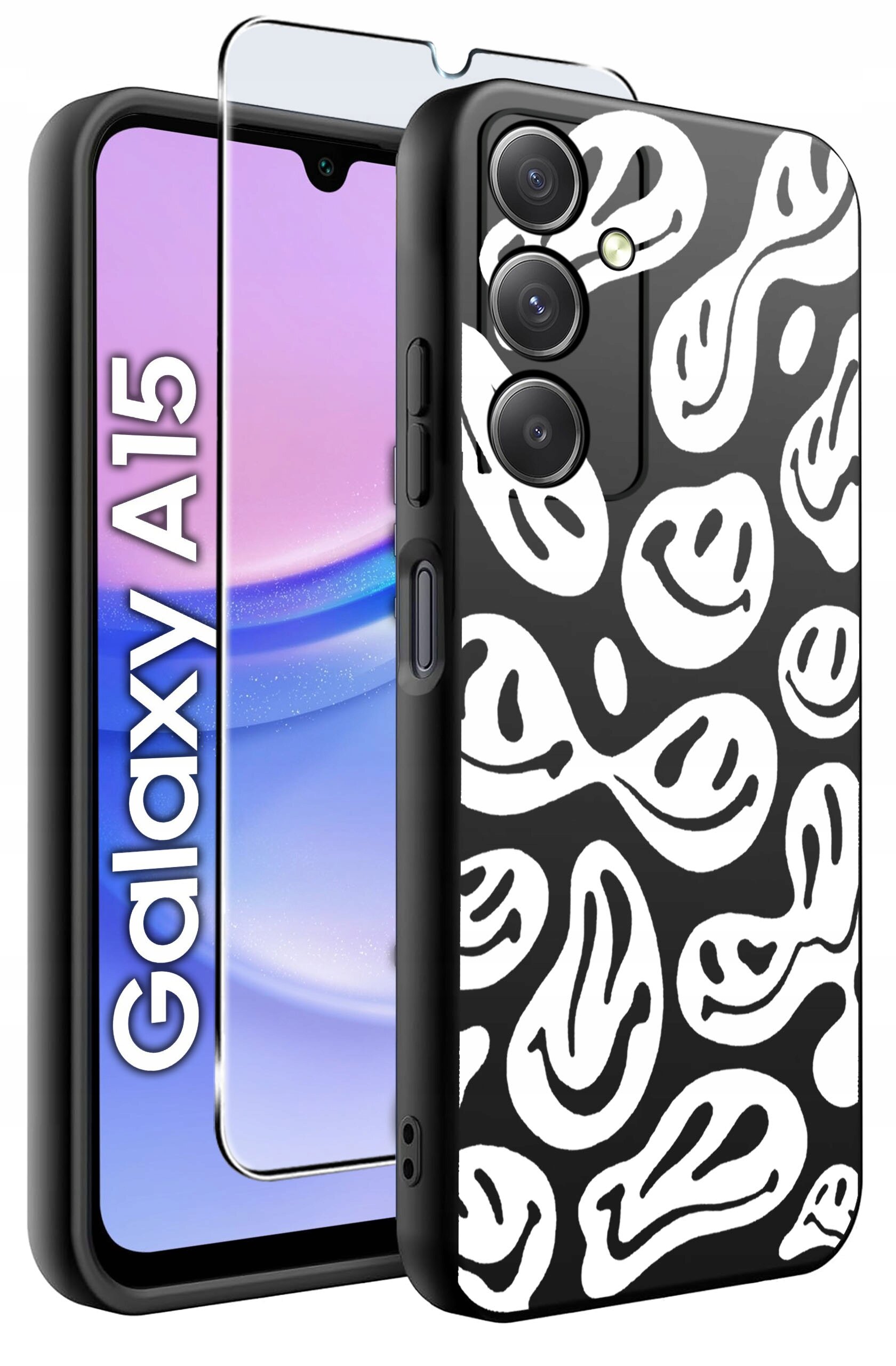 Obraz przedstawia telefon z napisem \'Galaxy A15\' oraz czarne etui z białymi wzorami przypominającymi uśmiechnięte twarze. Obok znajduje się przezroczyste szkło ochronne.