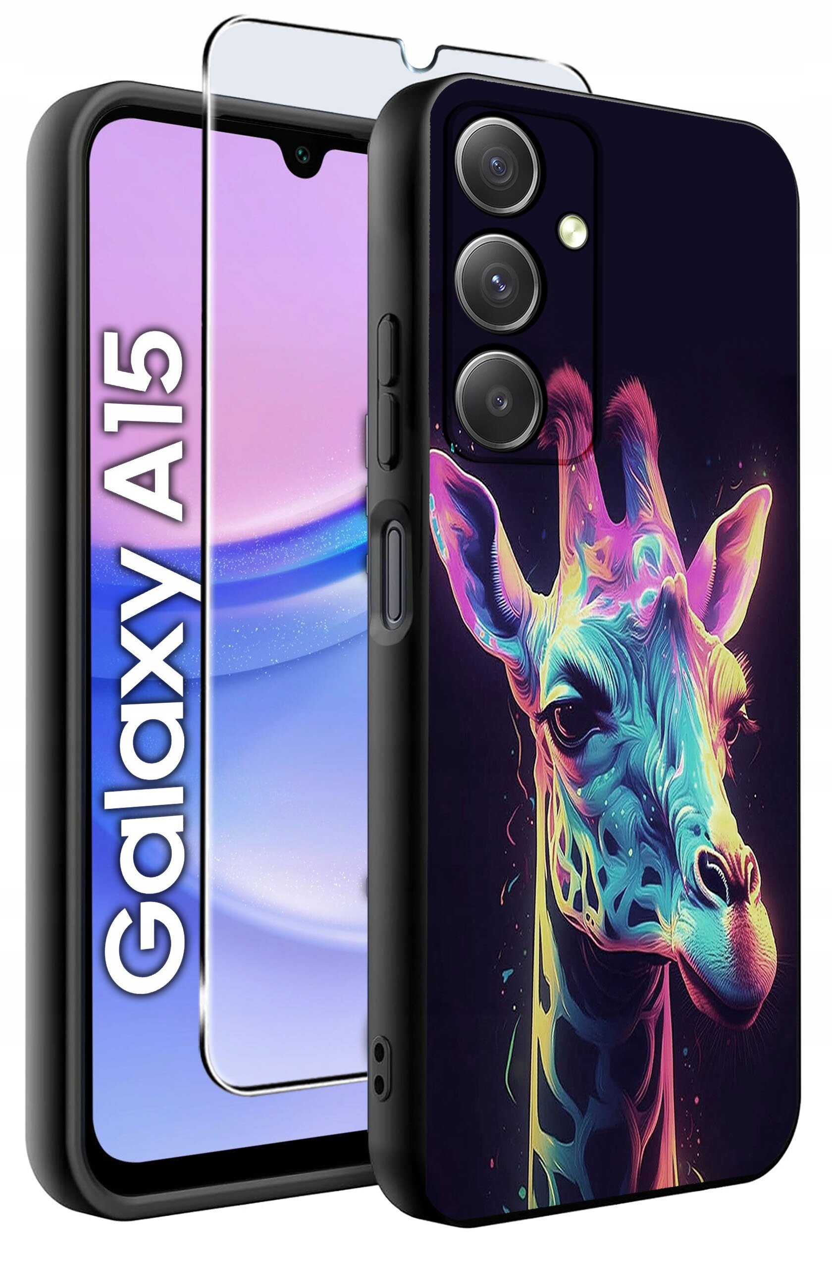 Obraz przedstawia etui na telefon z kolorowym wzorem żyrafy oraz szkło ochronne. Obok widoczny jest telefon z napisem \'Galaxy A15\'.