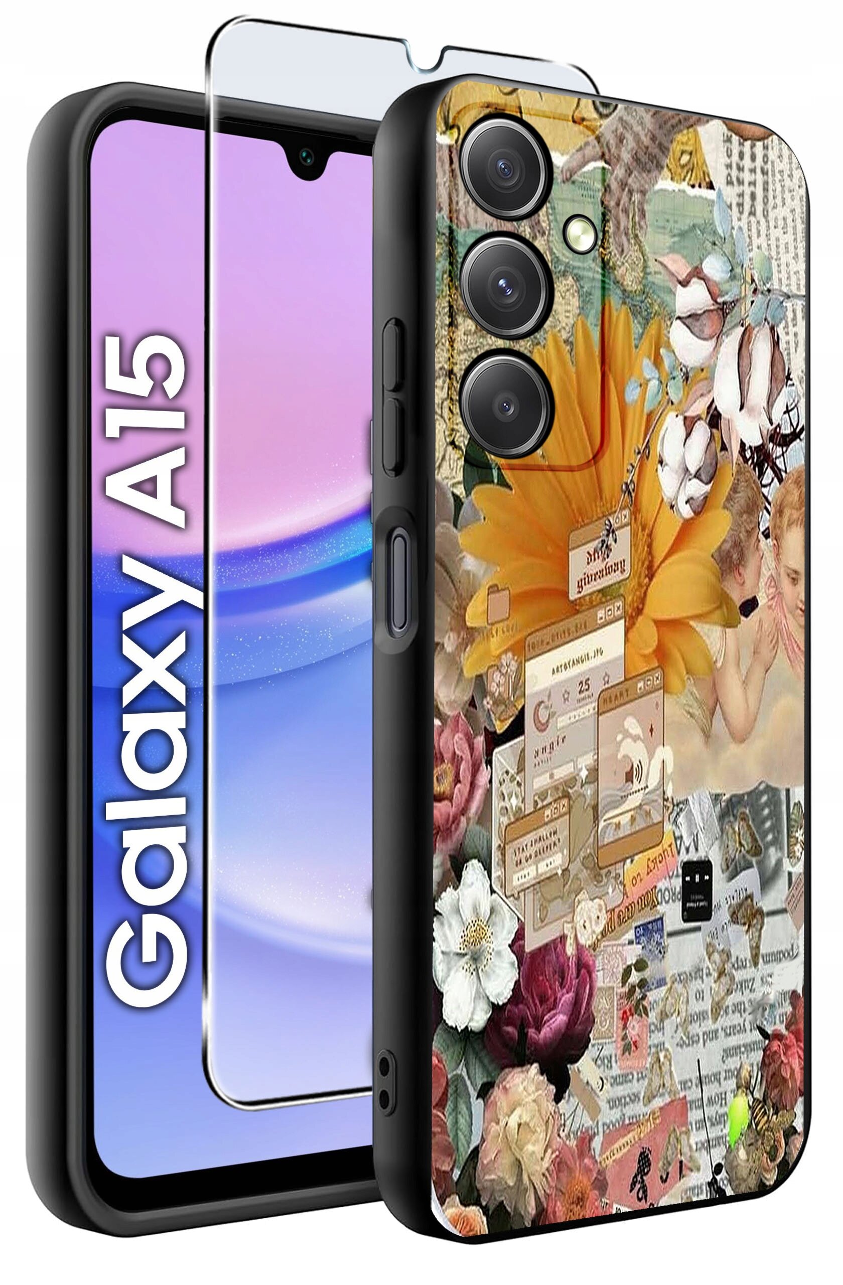 Etui na telefon z kolorowym, kwiatowym wzorem oraz szkło ochronne. Obok widoczny jest telefon z napisem \'Galaxy A15\'.