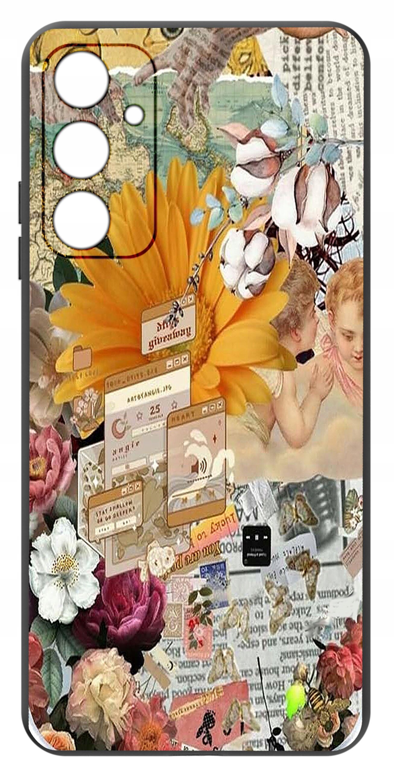 Etui na telefon z kolorowym, artystycznym wzorem przedstawiającym kwiaty, aniołki i elementy graficzne przypominające okna komputerowe. Wzór jest bogaty w detale i różnorodne kolory.