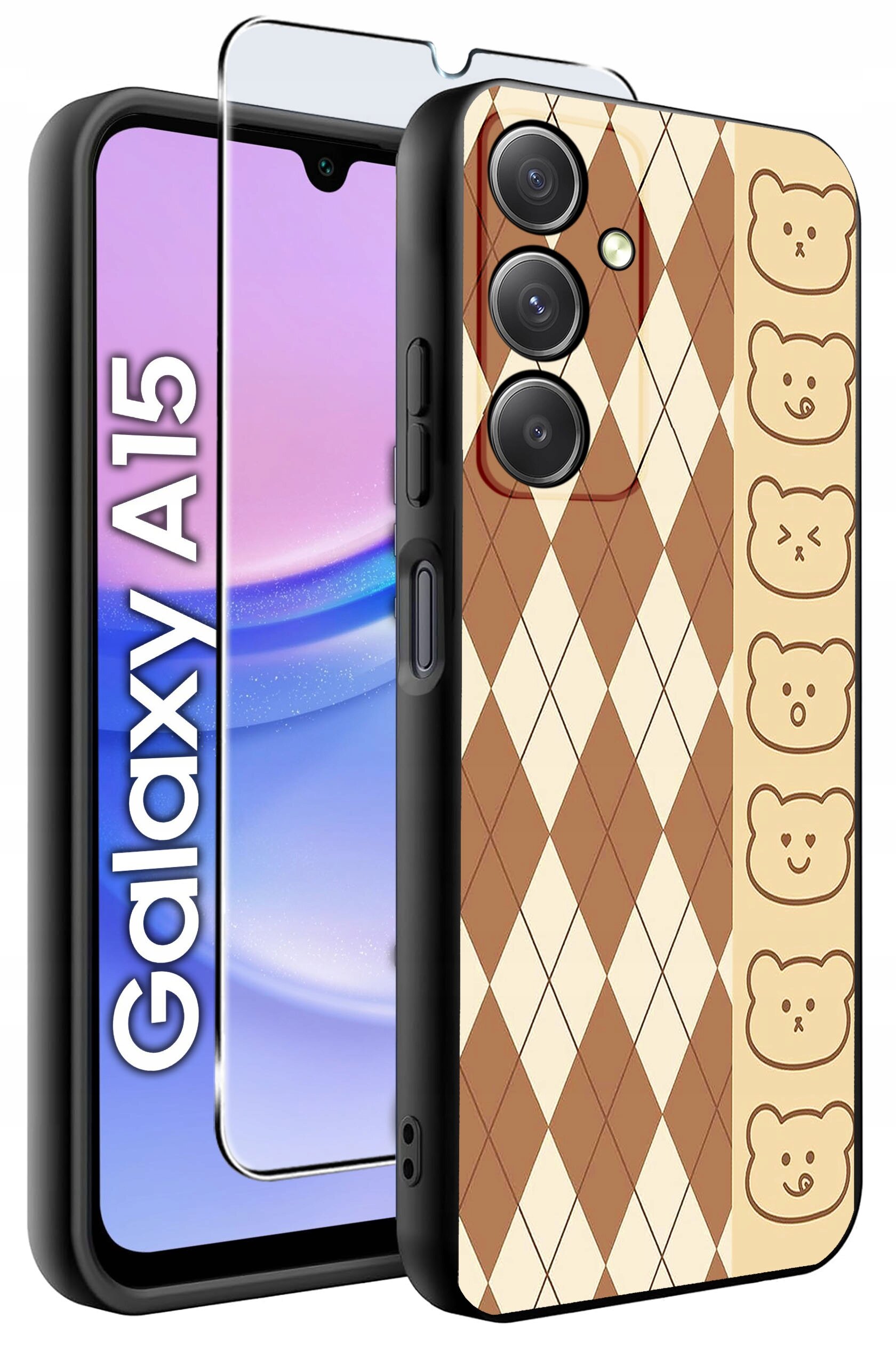 Etui na telefon z wzorem w romby i rysunkami misiów, obok którego znajduje się szkło ochronne. Na ekranie telefonu widoczny jest napis \'Galaxy A15\'.