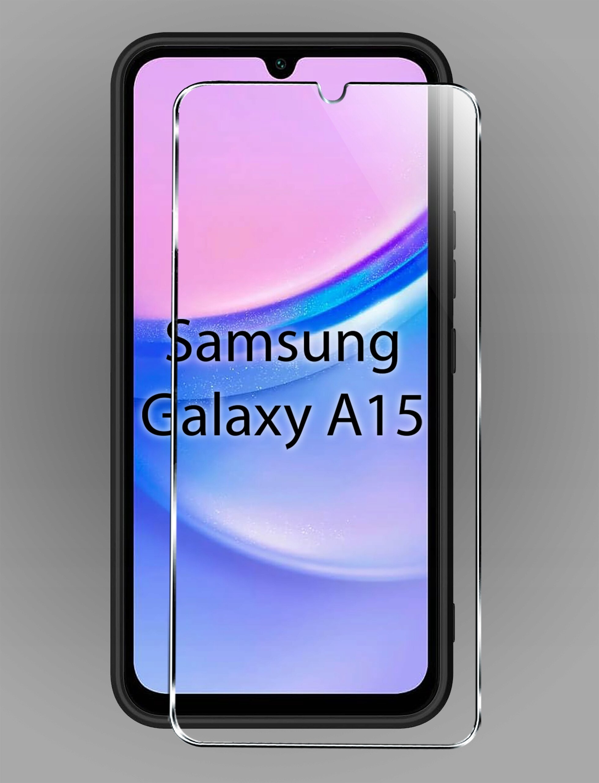 Obraz przedstawia telefon z wyświetlaczem w kolorach różowym i niebieskim, na którym widnieje napis \'Samsung Galaxy A15\'. Na ekranie znajduje się przezroczyste szkło ochronne.