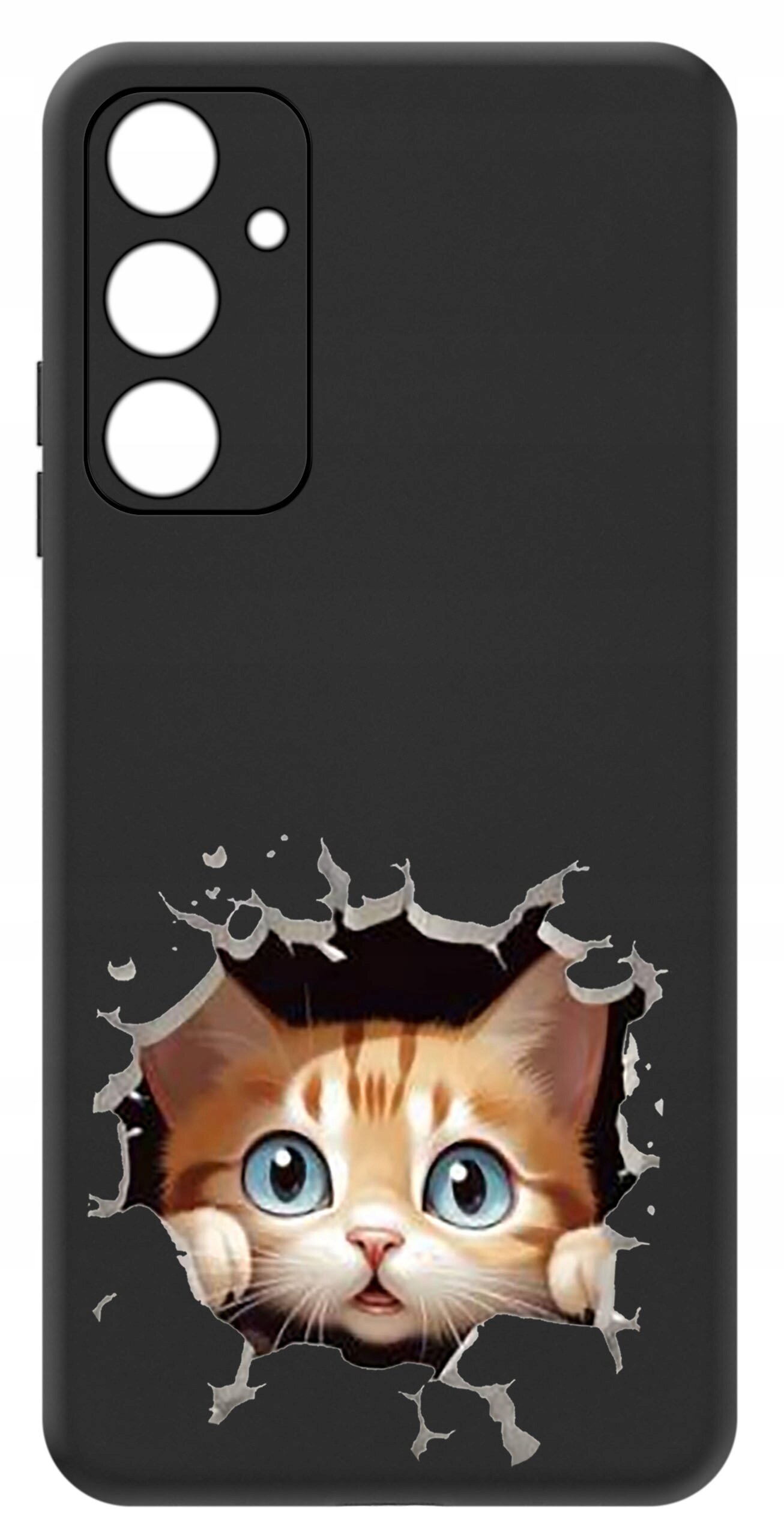 Czarne etui na telefon z grafiką przedstawiającą kota wyglądającego przez dziurę. Etui ma wycięcia na trzy obiektywy aparatu i lampę błyskową.