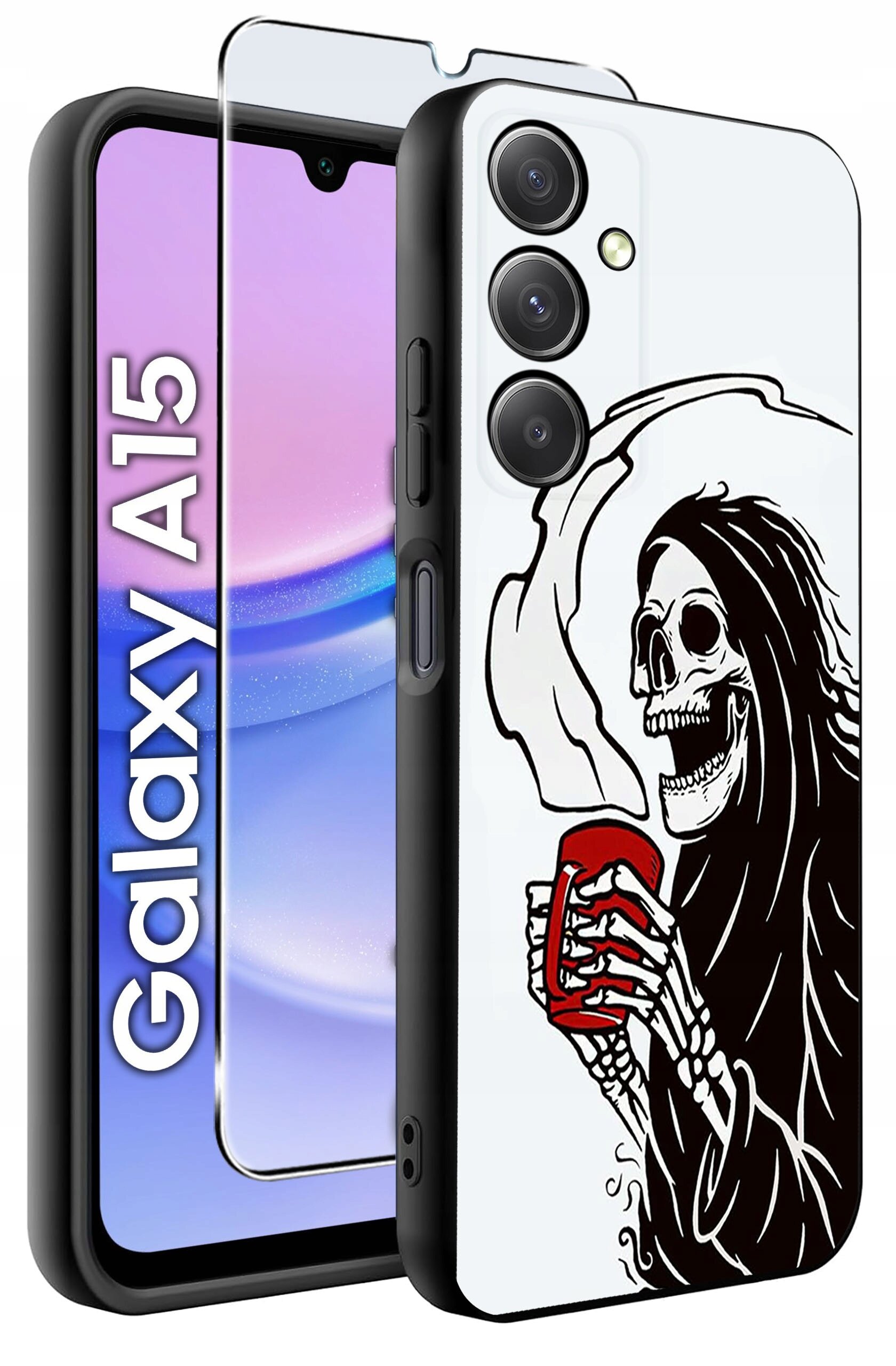 Obraz przedstawia etui na telefon z nadrukiem szkieletu trzymającego czerwony kubek. Obok etui widoczny jest telefon z napisem \'Galaxy A15\'.