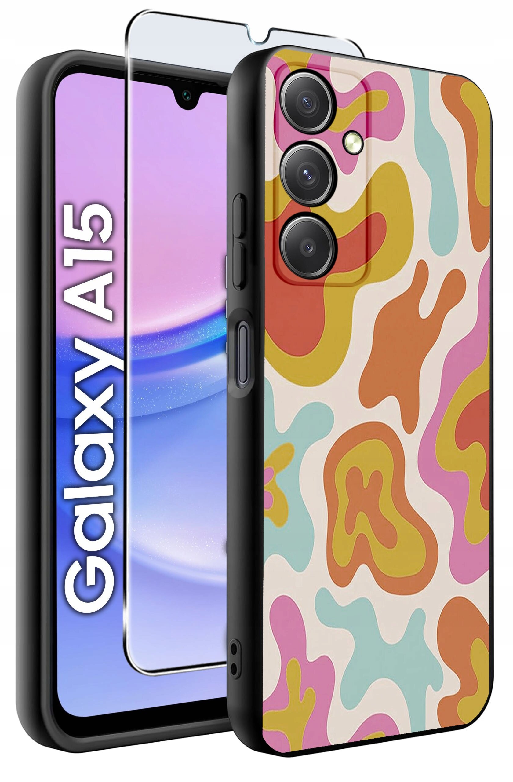 Obraz przedstawia kolorowe etui na telefon z abstrakcyjnym wzorem w odcieniach pomarańczowego, różowego, żółtego i niebieskiego. Obok etui widoczny jest napis \'Galaxy A15\' oraz szkło ochronne na ekran.