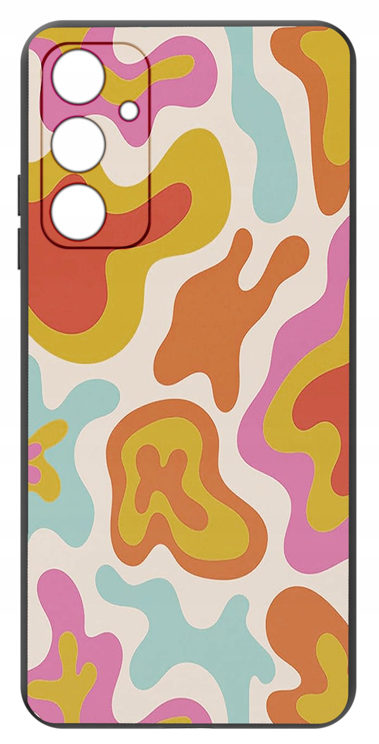 Etui na telefon z kolorowym, abstrakcyjnym wzorem w odcieniach różu, pomarańczu, żółci i błękitu. W górnej części widoczne są wycięcia na aparat.