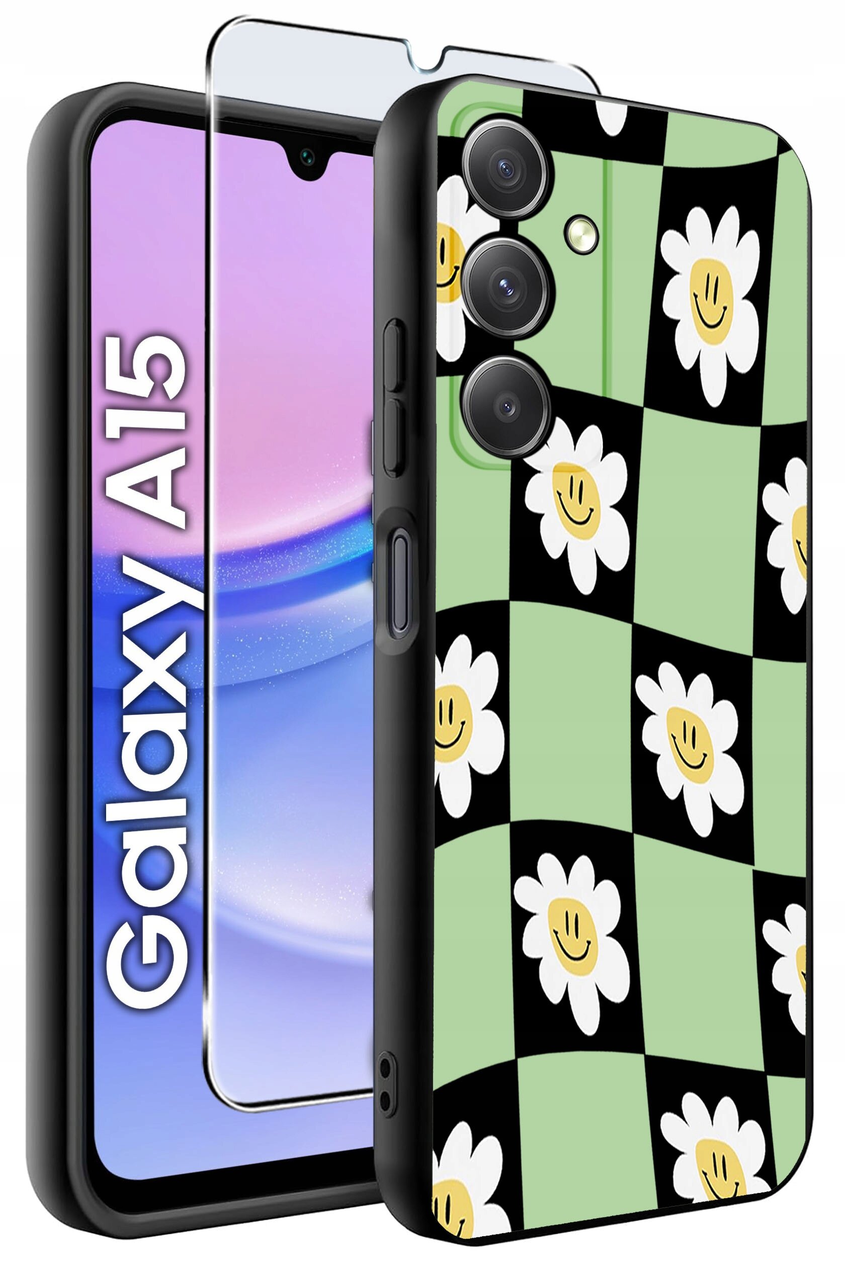 Obraz przedstawia etui na telefon z wzorem w biało-żółte kwiaty na zielono-czarnym tle oraz szkło ochronne. Obok widoczny jest telefon z napisem \'Galaxy A15\'.