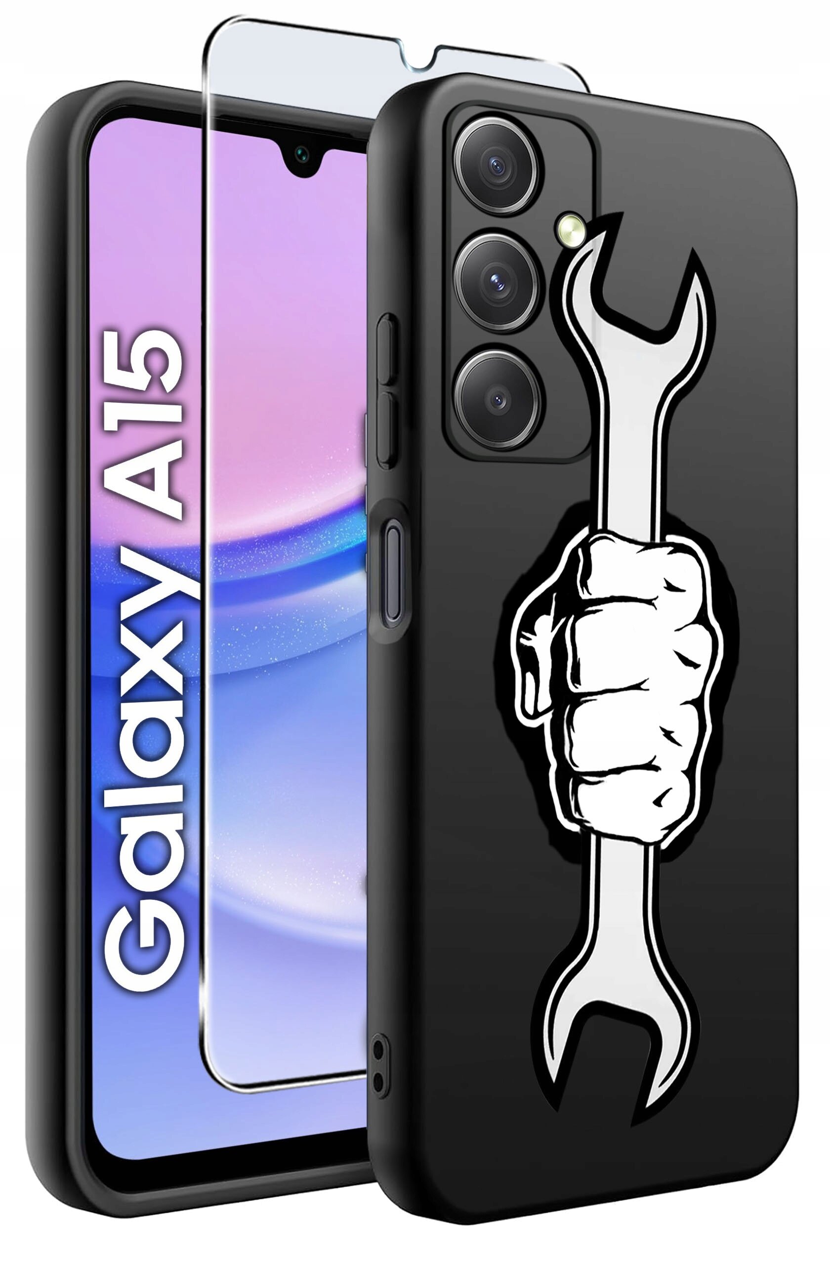 Obraz przedstawia czarne silikonowe etui z nadrukiem dłoni trzymającej klucz oraz szkło ochronne na telefon Galaxy A15. Na ekranie telefonu widoczny jest napis \'Galaxy A15\'.