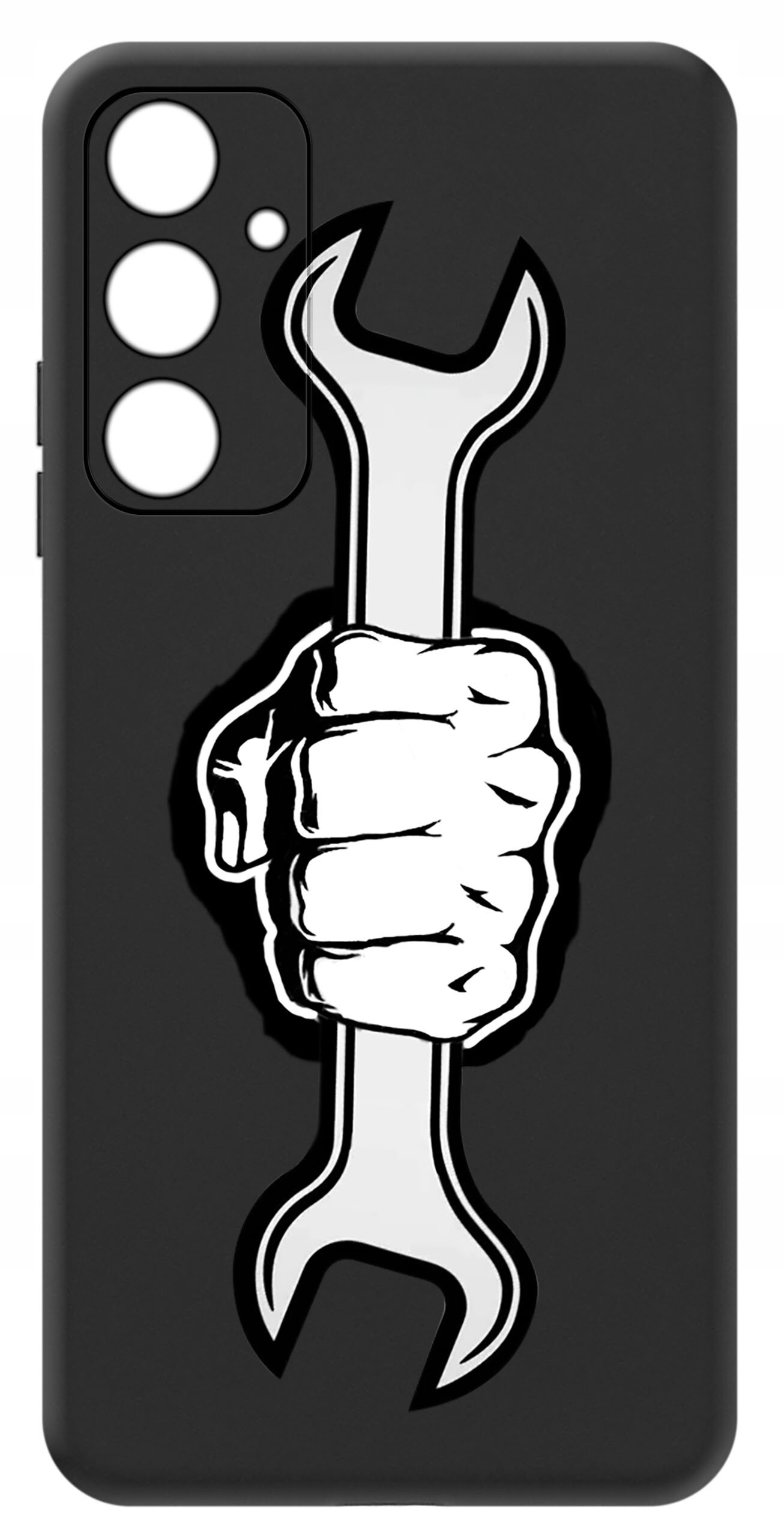 Czarne etui na telefon z grafiką przedstawiającą zaciśniętą pięść trzymającą klucz płaski. Etui posiada wycięcia na trzy obiektywy aparatu.