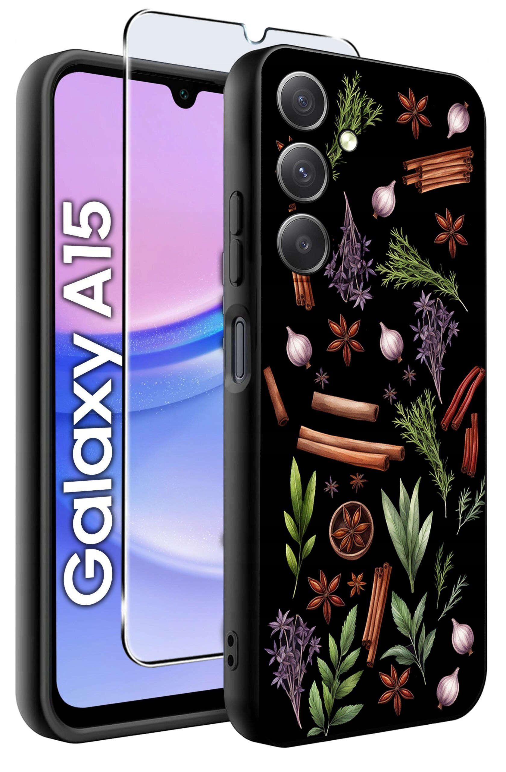 Obraz przedstawia etui na telefon z wzorem ziół i przypraw na czarnym tle oraz szkło ochronne. Na ekranie telefonu widoczny jest napis \'Galaxy A15\'.
