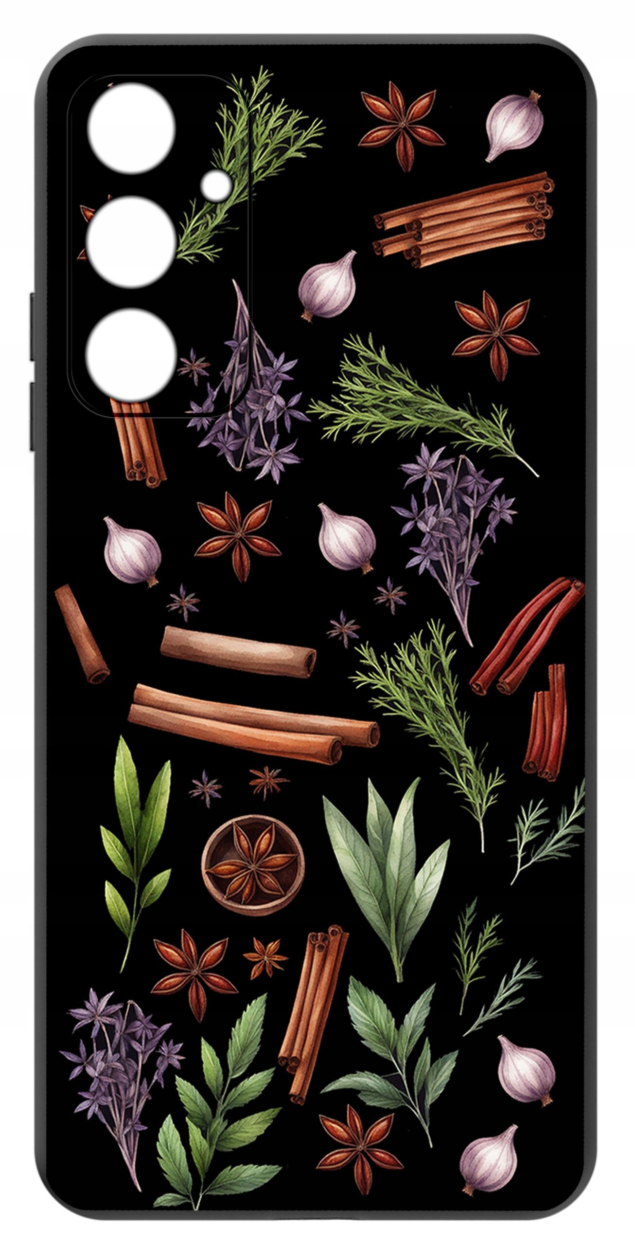 Etui na telefon z wzorem przedstawiającym różne przyprawy i zioła, takie jak cynamon, anyż, czosnek i liście na czarnym tle. Etui ma wycięcia na aparat i przyciski.