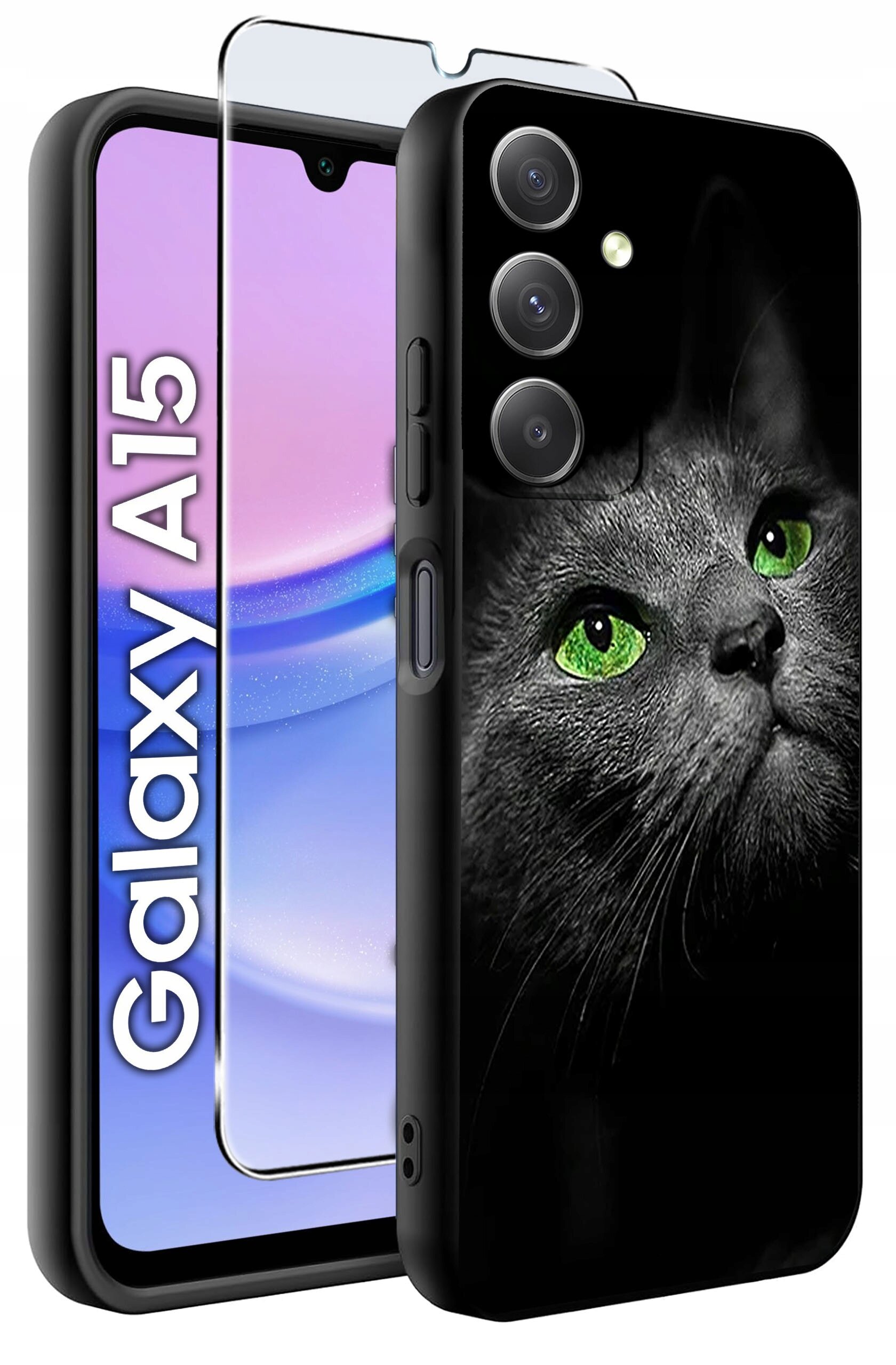 Obraz przedstawia silikonowe etui na telefon z nadrukiem kota o zielonych oczach oraz szkło ochronne. Obok widoczny jest telefon z napisem \'Galaxy A15\'.