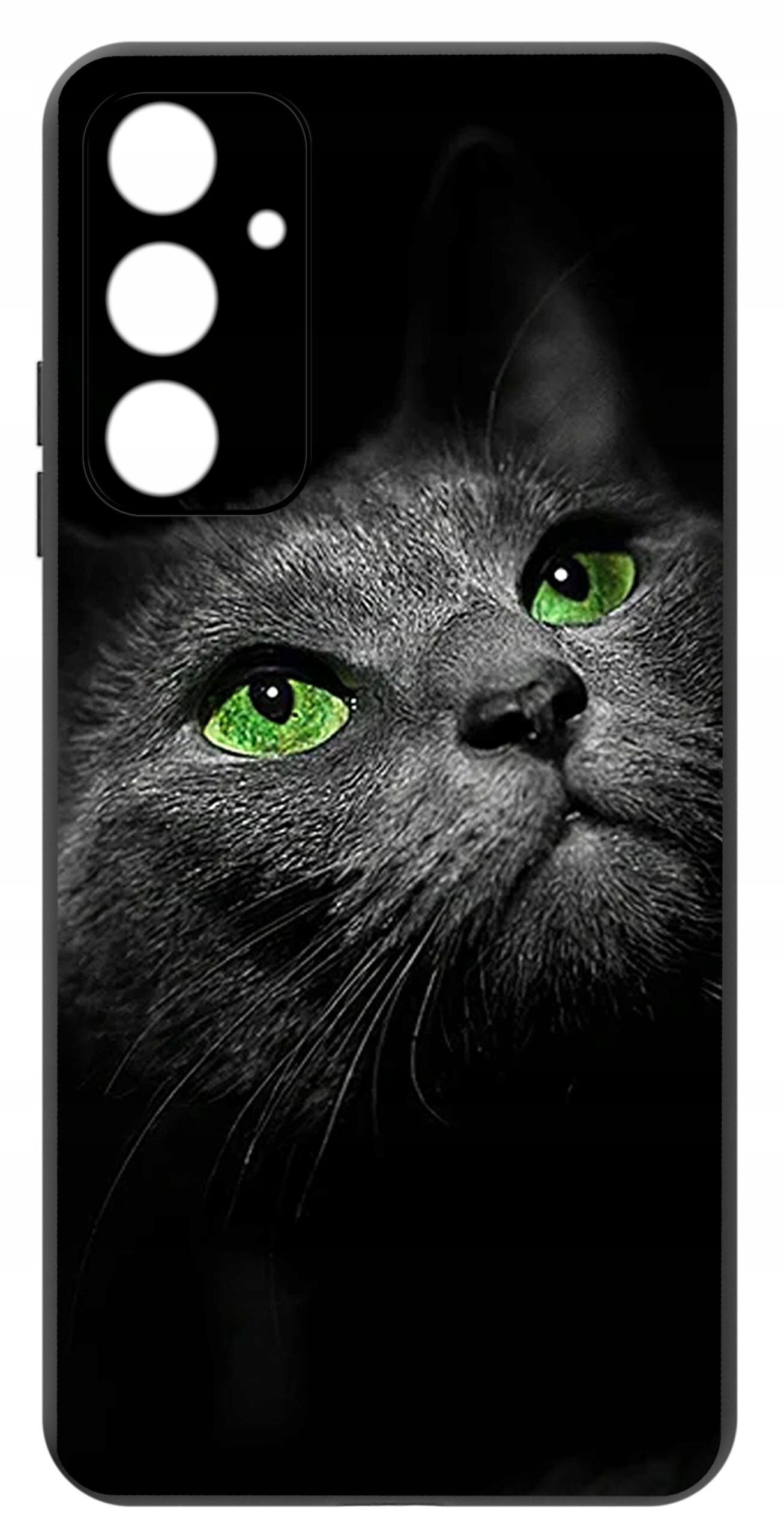 Etui na telefon z wizerunkiem kota o zielonych oczach na czarnym tle. Etui posiada wycięcia na aparat i przyciski.