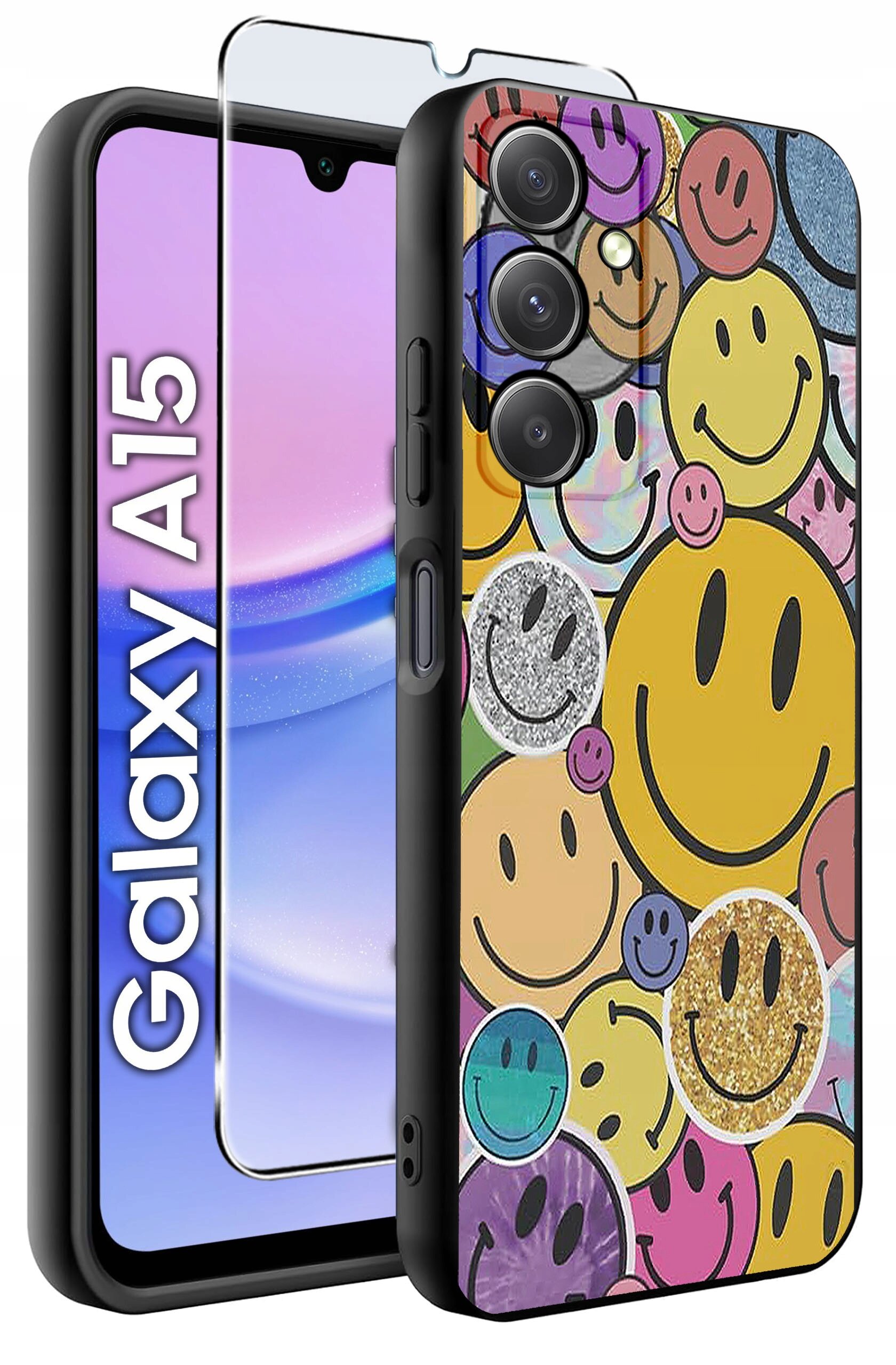 Obraz przedstawia etui na telefon z kolorowymi wzorami uśmiechniętych buziek oraz szkło ochronne. Obok widoczny jest napis \'Galaxy A15\'.