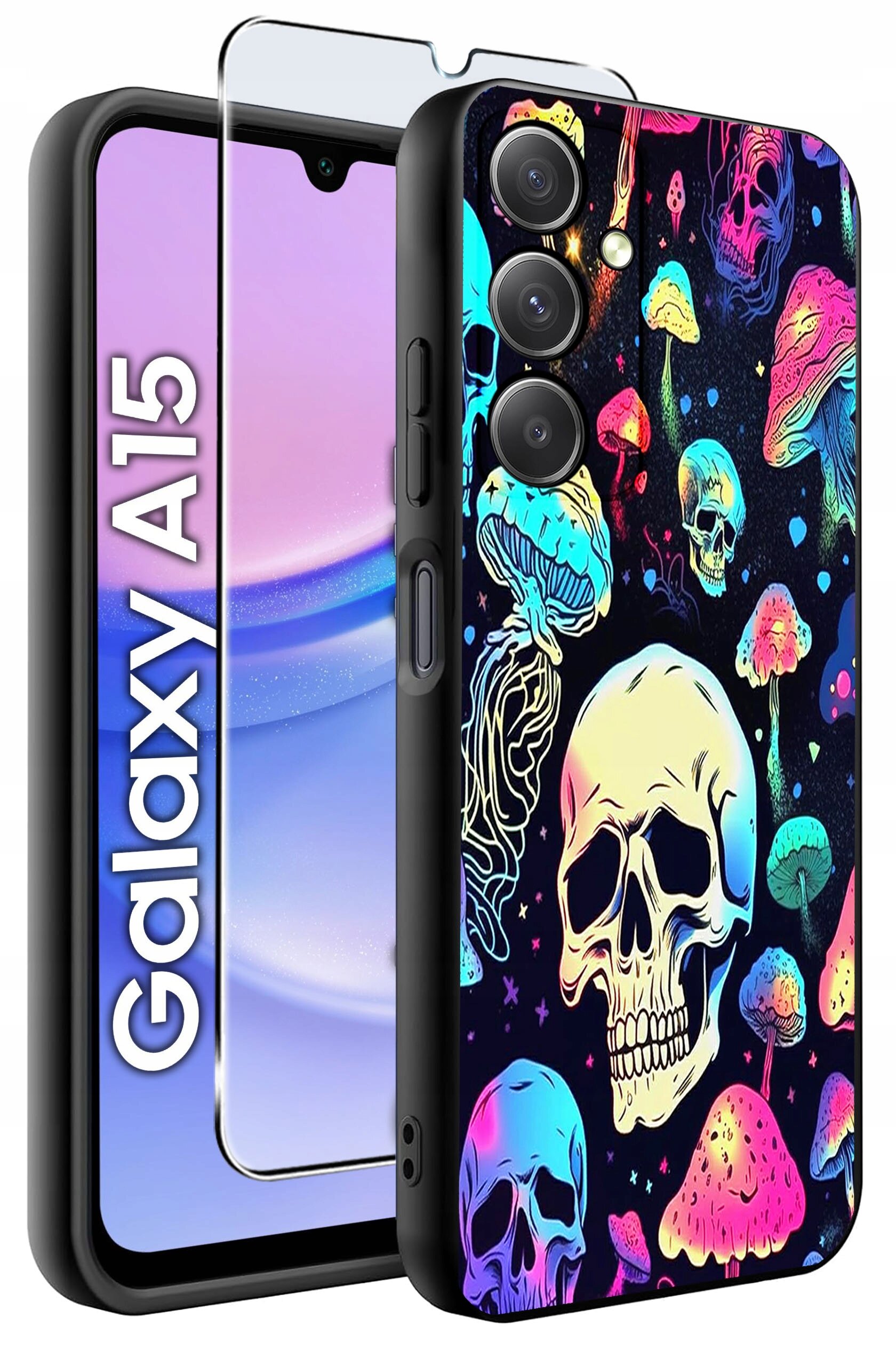 Etui na telefon z kolorowym wzorem czaszek i grzybów, obok widoczny napis \'Galaxy A15\'.
