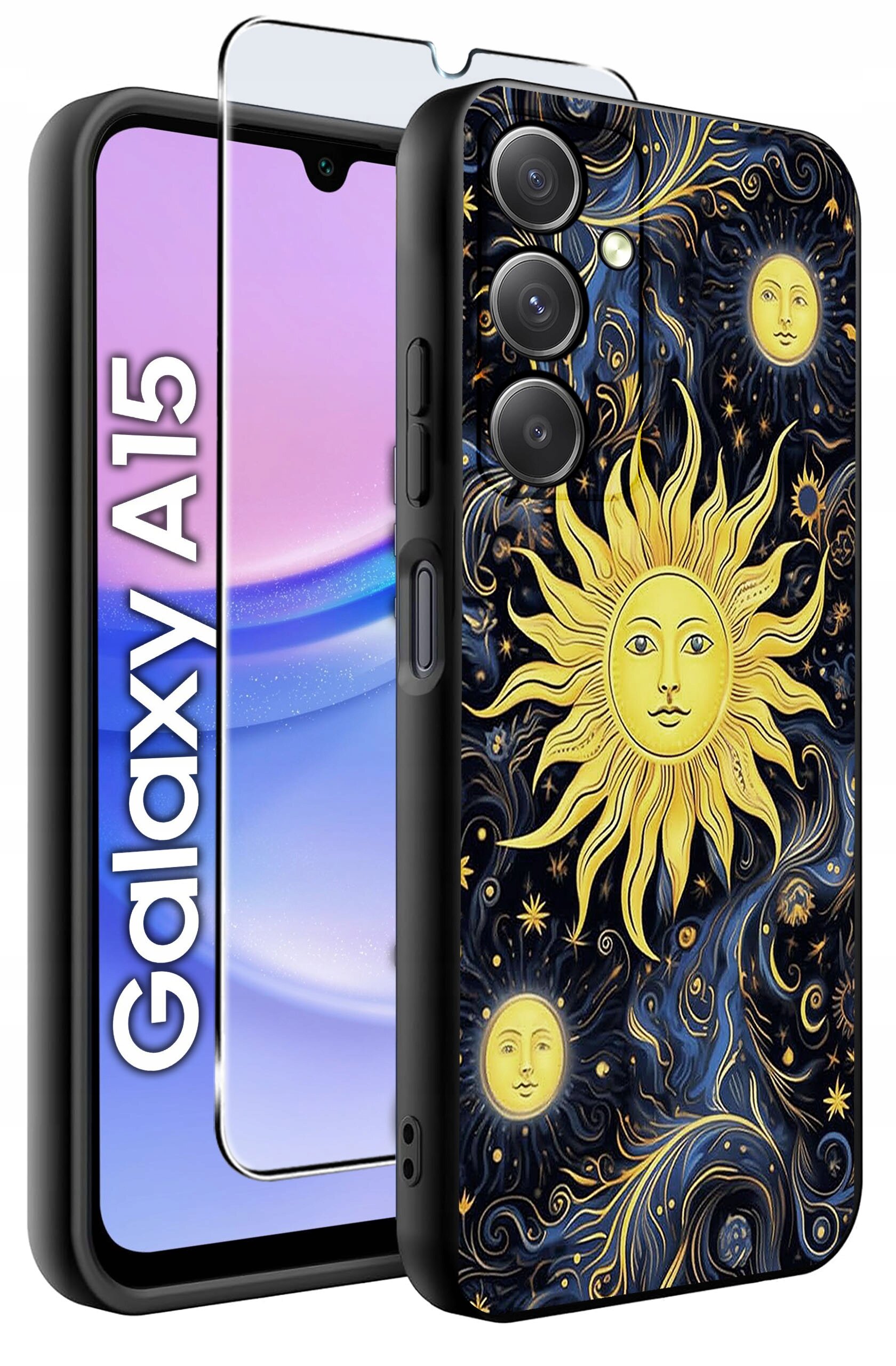 Obraz przedstawia etui na telefon z motywem słońca i gwiazd na ciemnym tle oraz szkło ochronne. Obok widoczny jest telefon z napisem \'Galaxy A15\'.