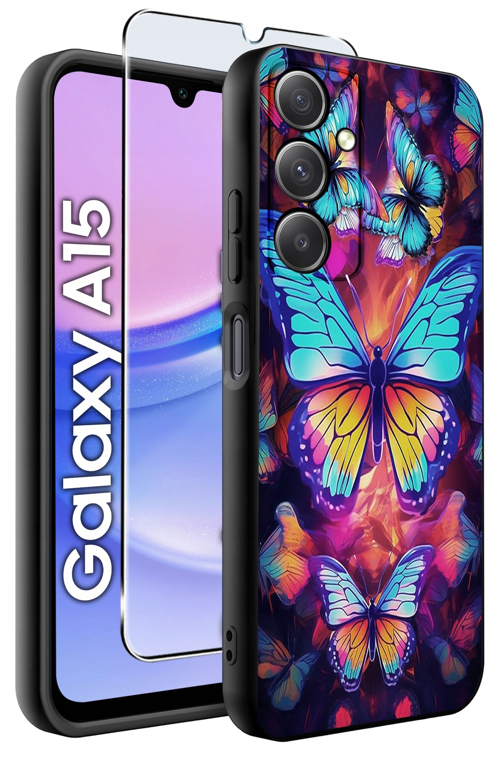 Obraz przedstawia etui na telefon z kolorowym wzorem motyli oraz szkło ochronne. Obok widoczny jest telefon z napisem \'Galaxy A15\'.