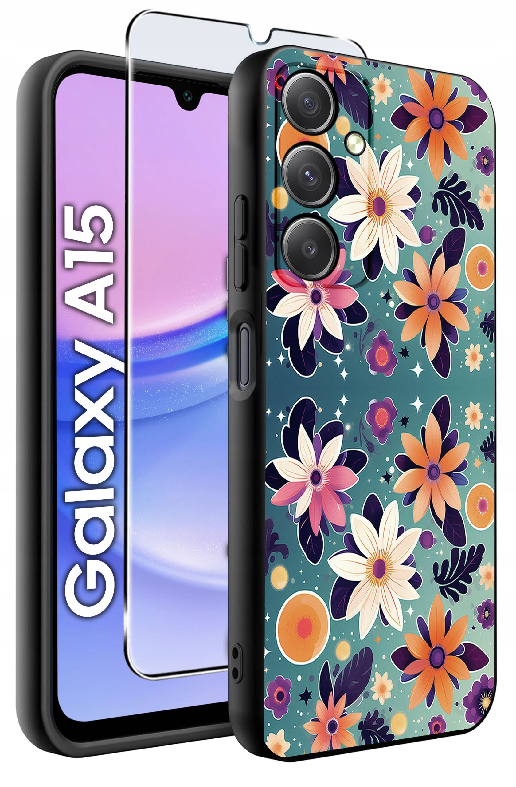 Obraz przedstawia etui na telefon z kolorowym wzorem kwiatowym oraz szkło ochronne. Na ekranie telefonu widoczny jest napis \'Galaxy A15\'.