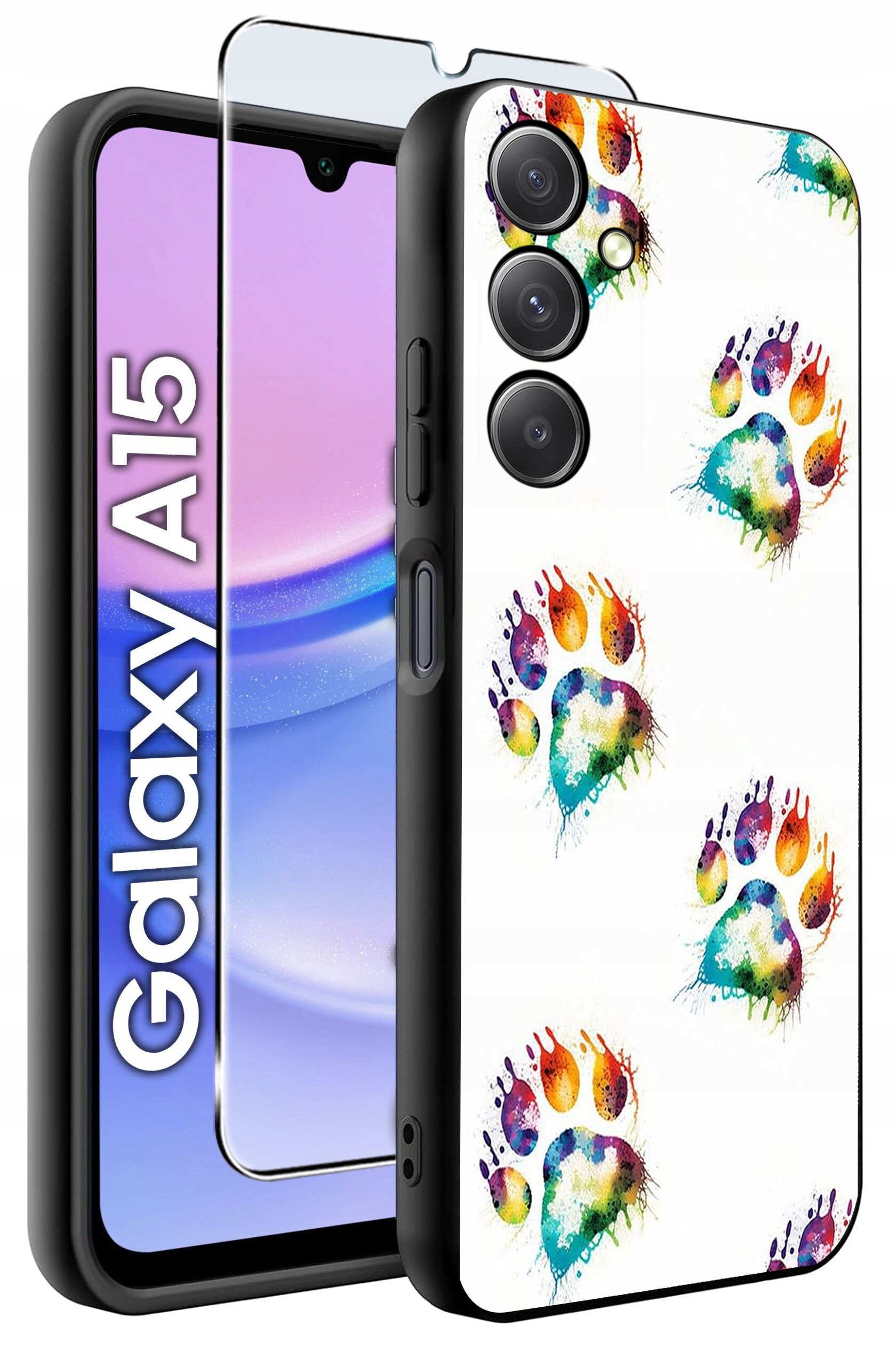 Obraz przedstawia silikonowe etui na telefon z kolorowymi wzorami łap, obok którego znajduje się szkło ochronne. Na ekranie telefonu widoczny jest napis \'Galaxy A15\'.