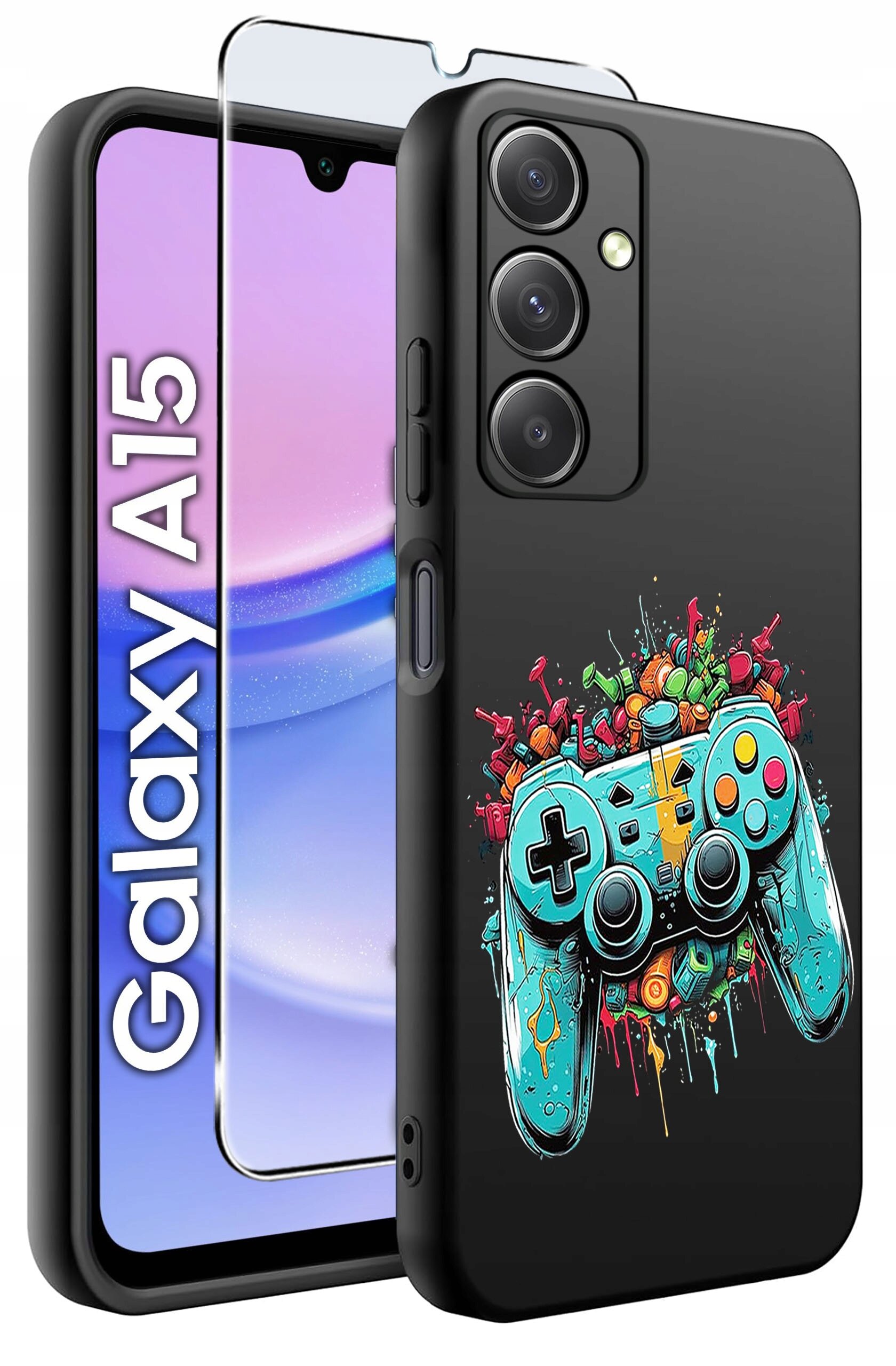 Obraz przedstawia czarne etui na telefon z kolorowym wzorem kontrolera do gier oraz szkło ochronne. Na ekranie telefonu widoczny jest napis \'Galaxy A15\'.