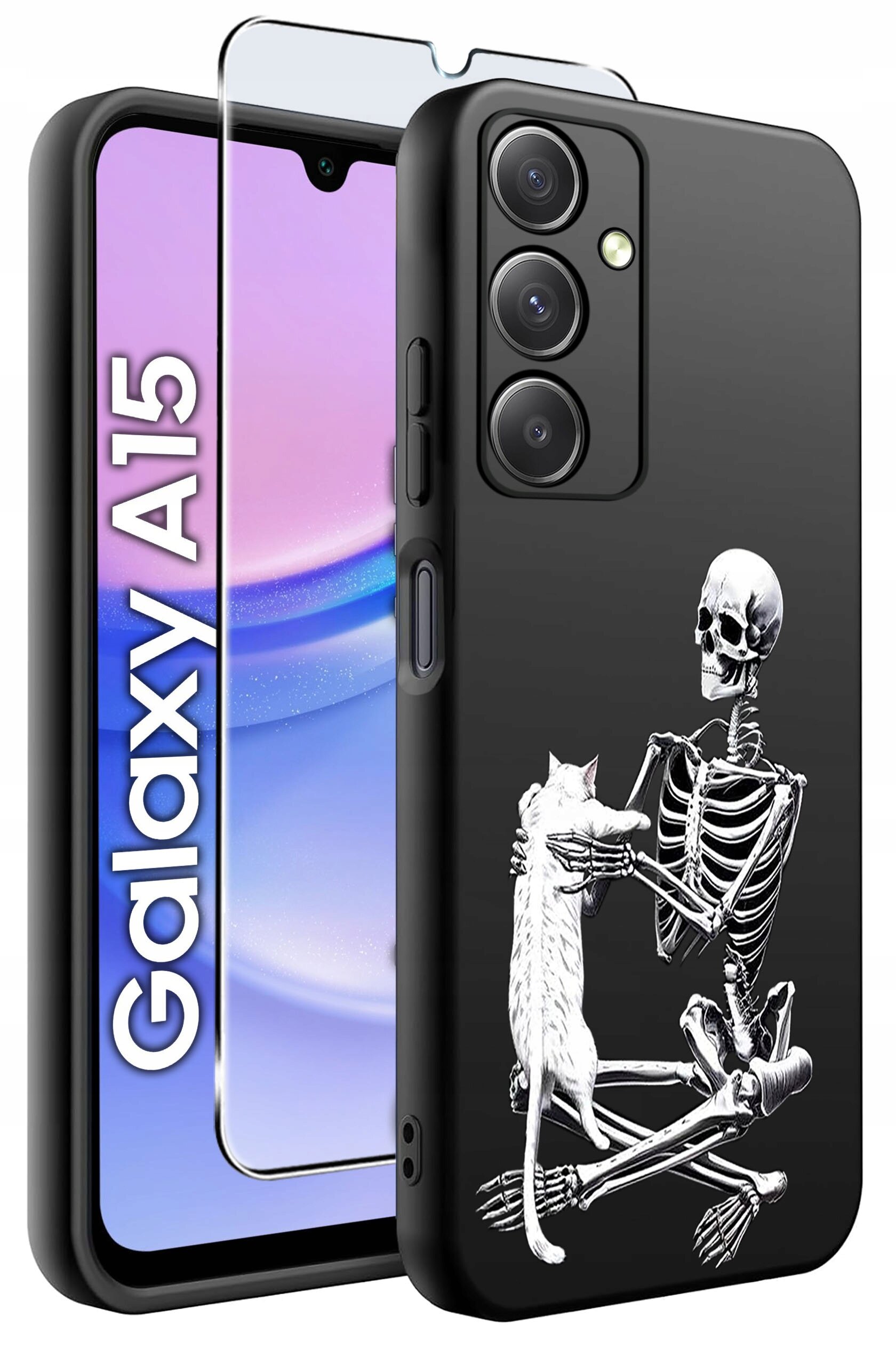 Obraz przedstawia czarne etui na telefon z nadrukiem szkieletu trzymającego kota. Obok etui widoczny jest telefon z napisem \'Galaxy A15\' oraz szkło ochronne.