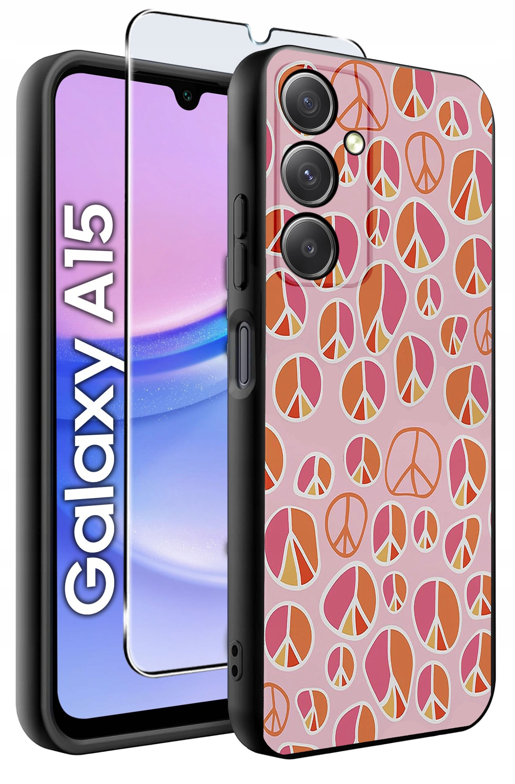 Obraz przedstawia telefon z etui ozdobionym wzorami symboli pokoju w kolorach różowym i pomarańczowym. Obok widoczny jest napis \'Galaxy A15\' oraz szkło ochronne na ekran.