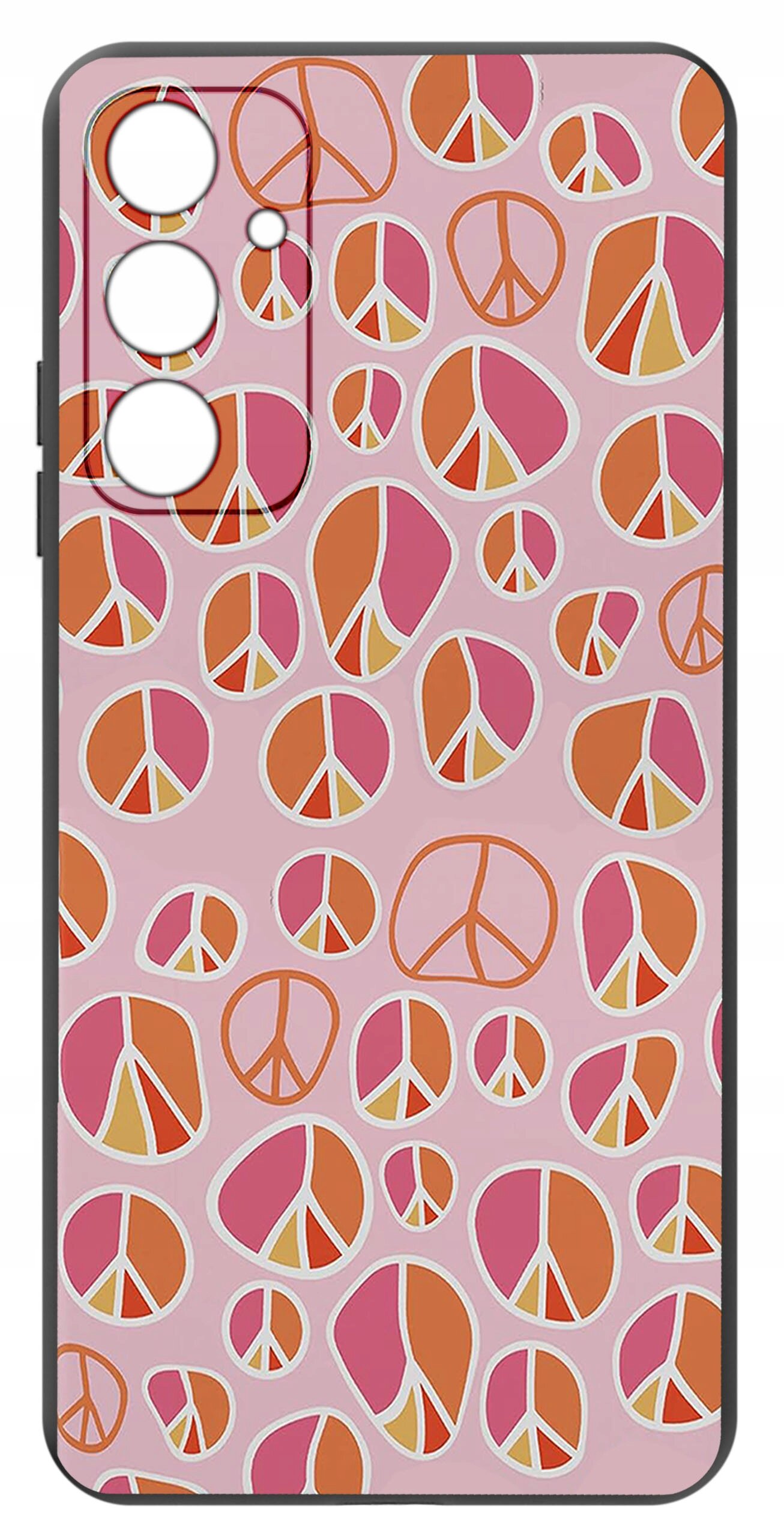 Etui na telefon z różowym tłem, ozdobione wzorami w kształcie symboli pokoju w kolorach pomarańczowym i różowym.