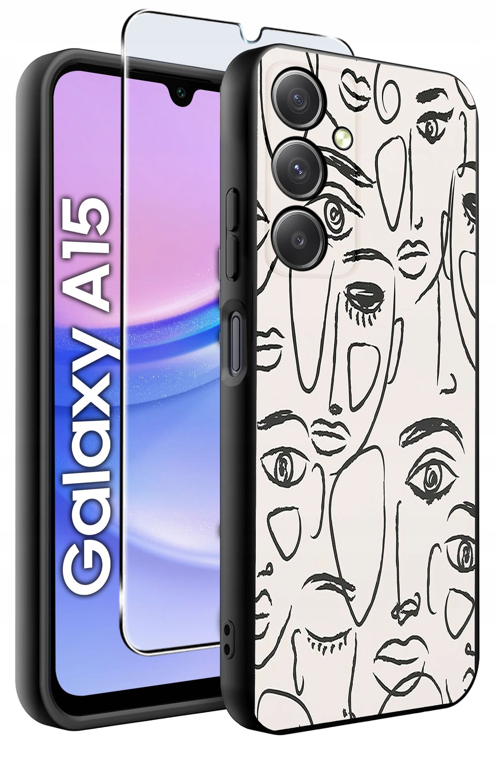 Obraz przedstawia telefon z etui ozdobionym abstrakcyjnymi rysunkami twarzy oraz szkło ochronne. Na ekranie telefonu widoczny jest napis \'Galaxy A15\'.