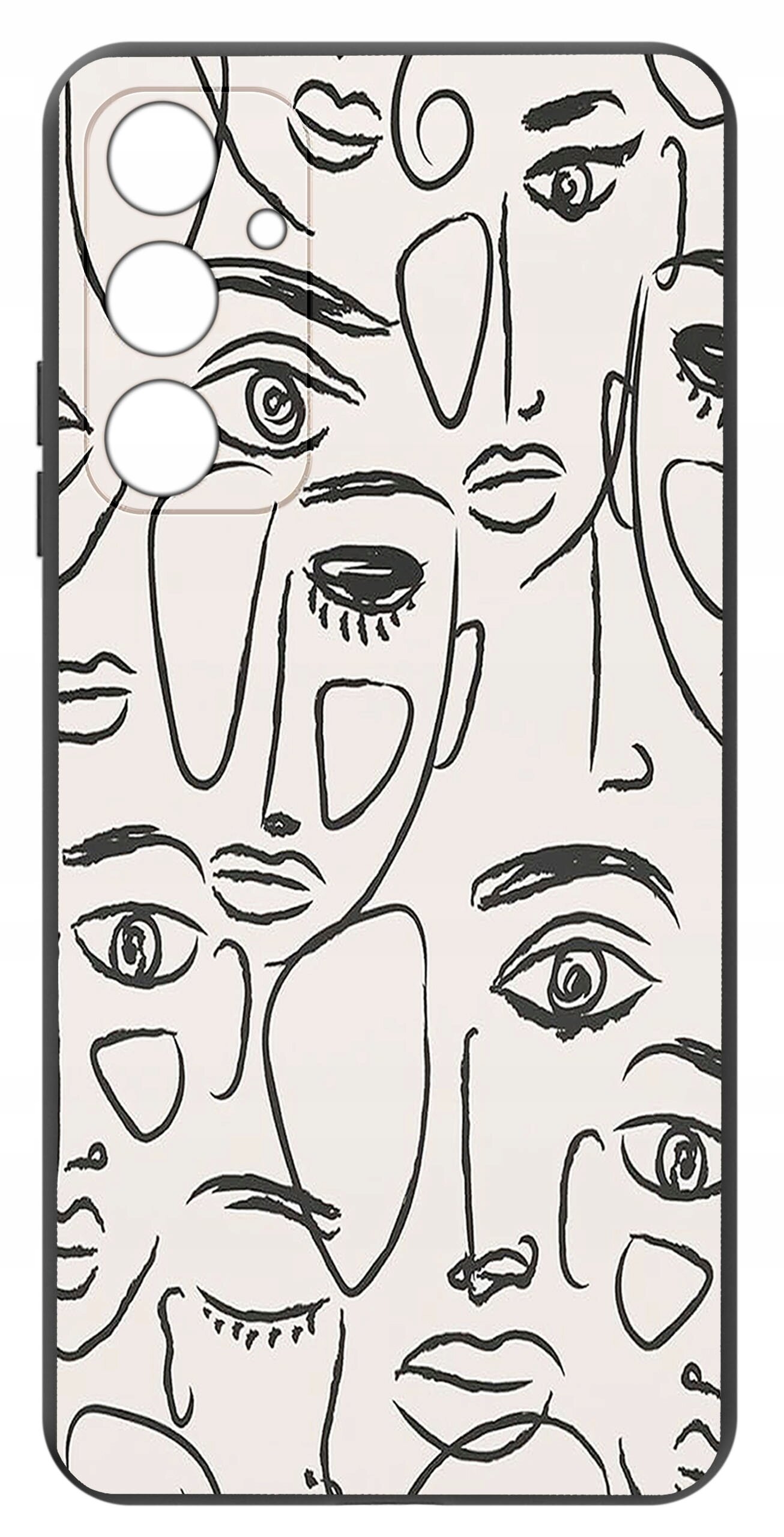 Etui na telefon z czarno-białym wzorem przedstawiającym abstrakcyjne twarze. Wzór jest wykonany w stylu line art na jasnym tle.