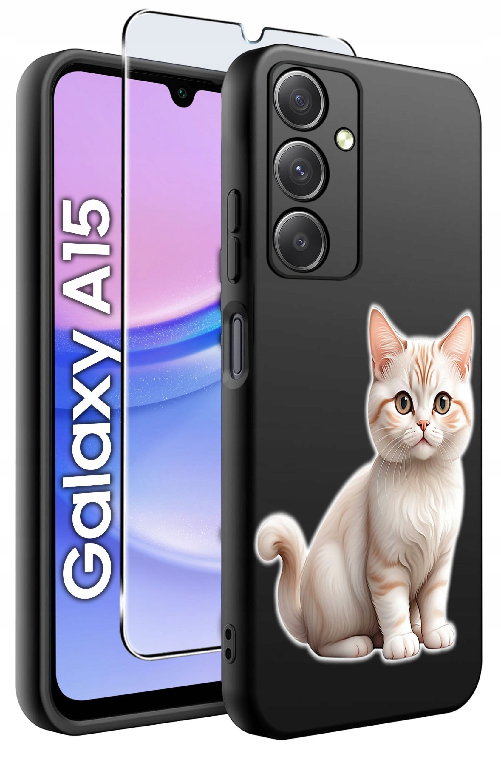 Obraz przedstawia czarne silikonowe etui z nadrukiem kota oraz szkło ochronne na telefon Galaxy A15. Na ekranie telefonu widoczny jest napis \'Galaxy A15\'.