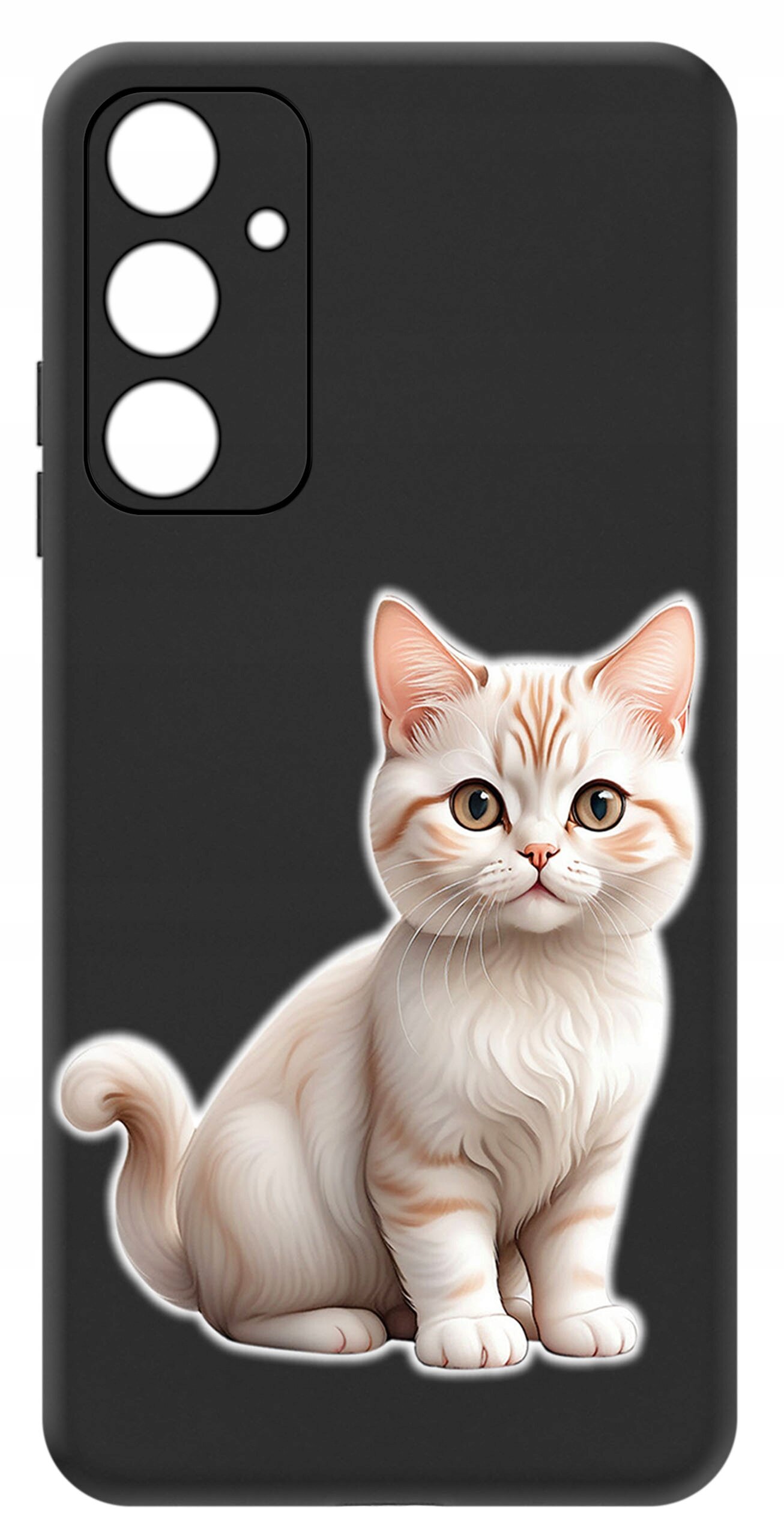 Czarne etui na telefon z nadrukiem białego kota z rudymi pręgami. Etui posiada trzy otwory na aparat i jeden na lampę błyskową.