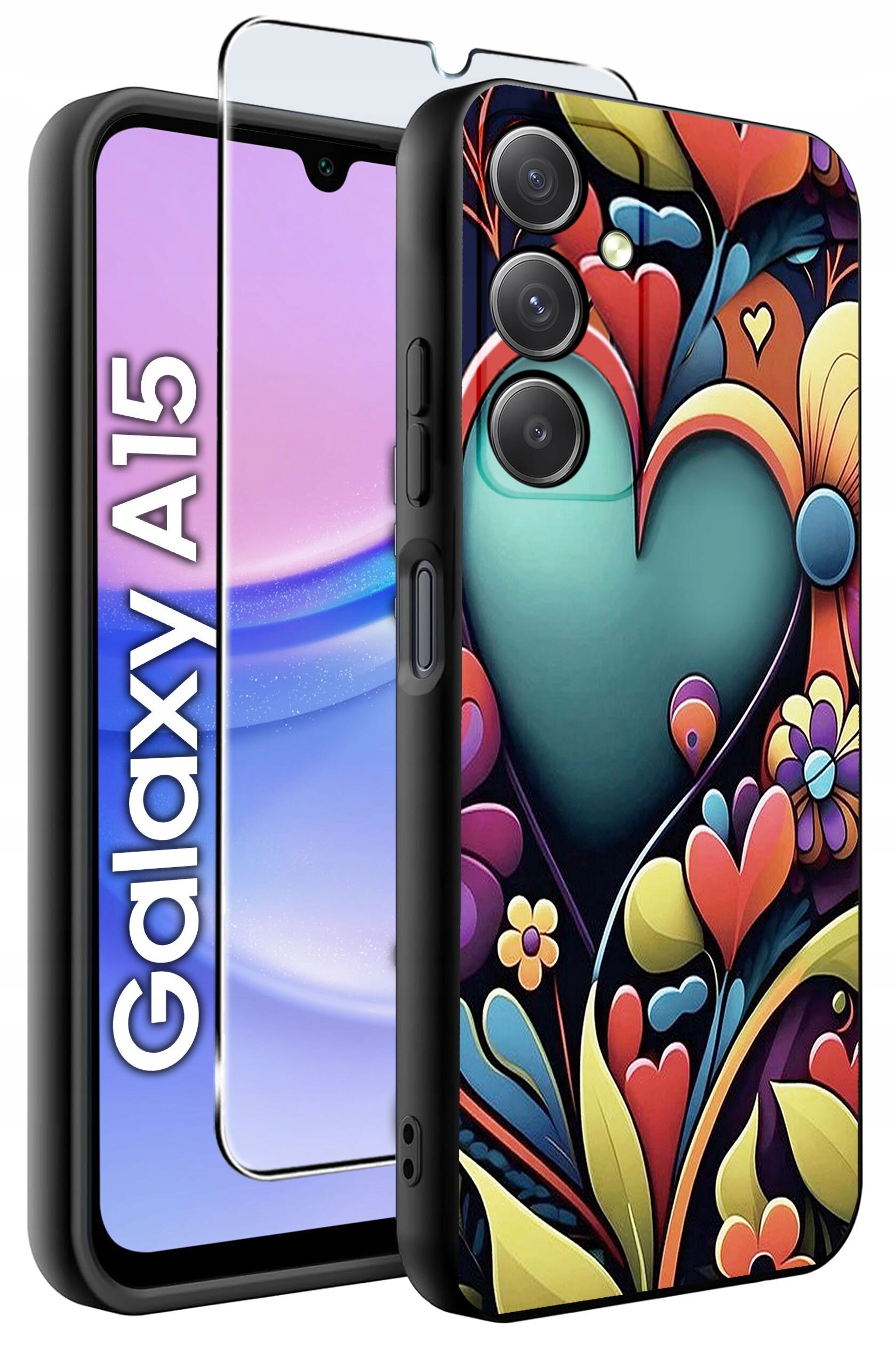 Obraz przedstawia etui na telefon z kolorowym wzorem serca i kwiatów oraz szkło ochronne. Obok widoczny jest telefon z napisem \'Galaxy A15\'.