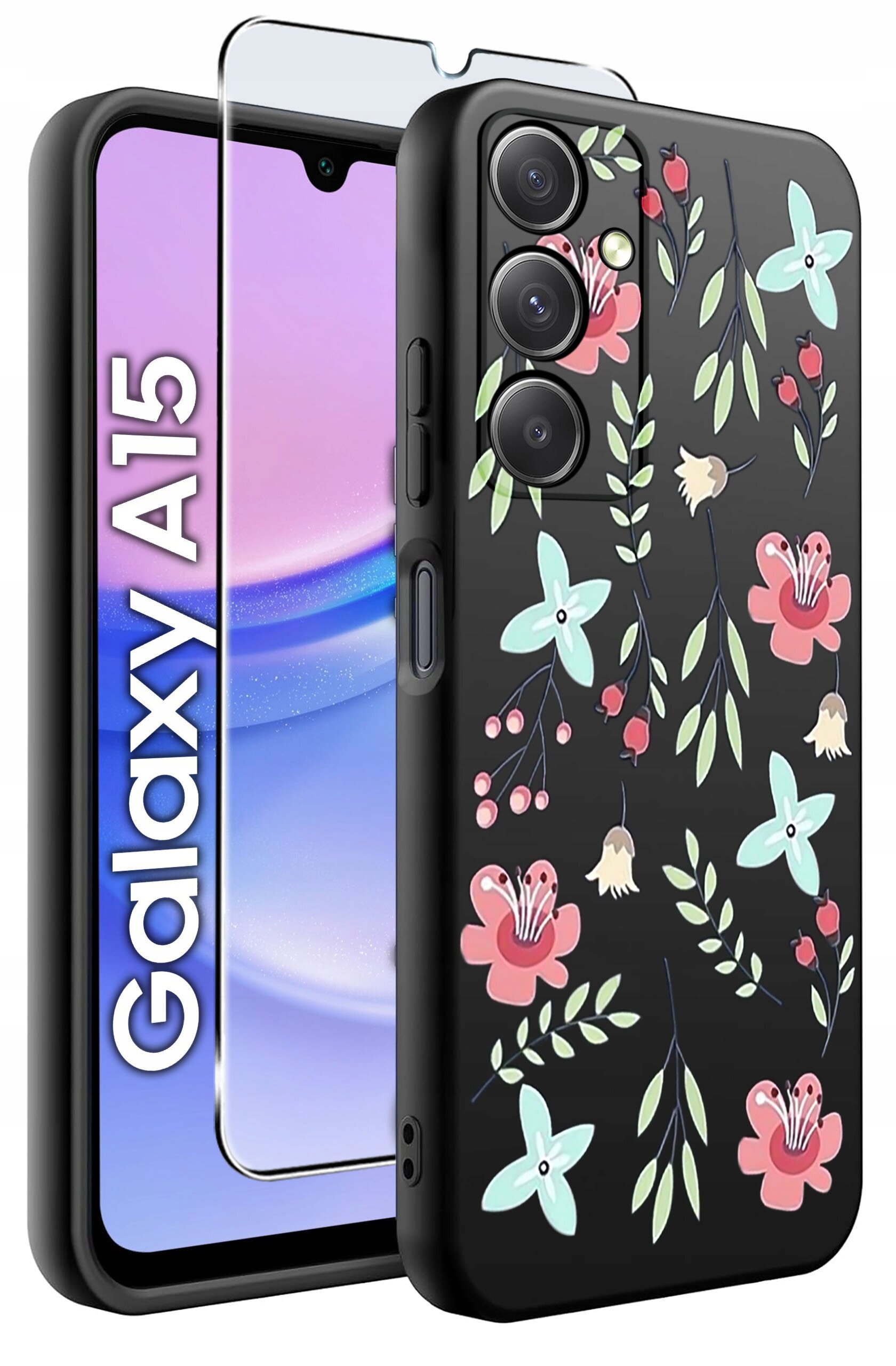 Obraz przedstawia czarne etui na telefon z kolorowym wzorem kwiatowym oraz szkło ochronne. Obok widoczny jest telefon z napisem \'Galaxy A15\'.