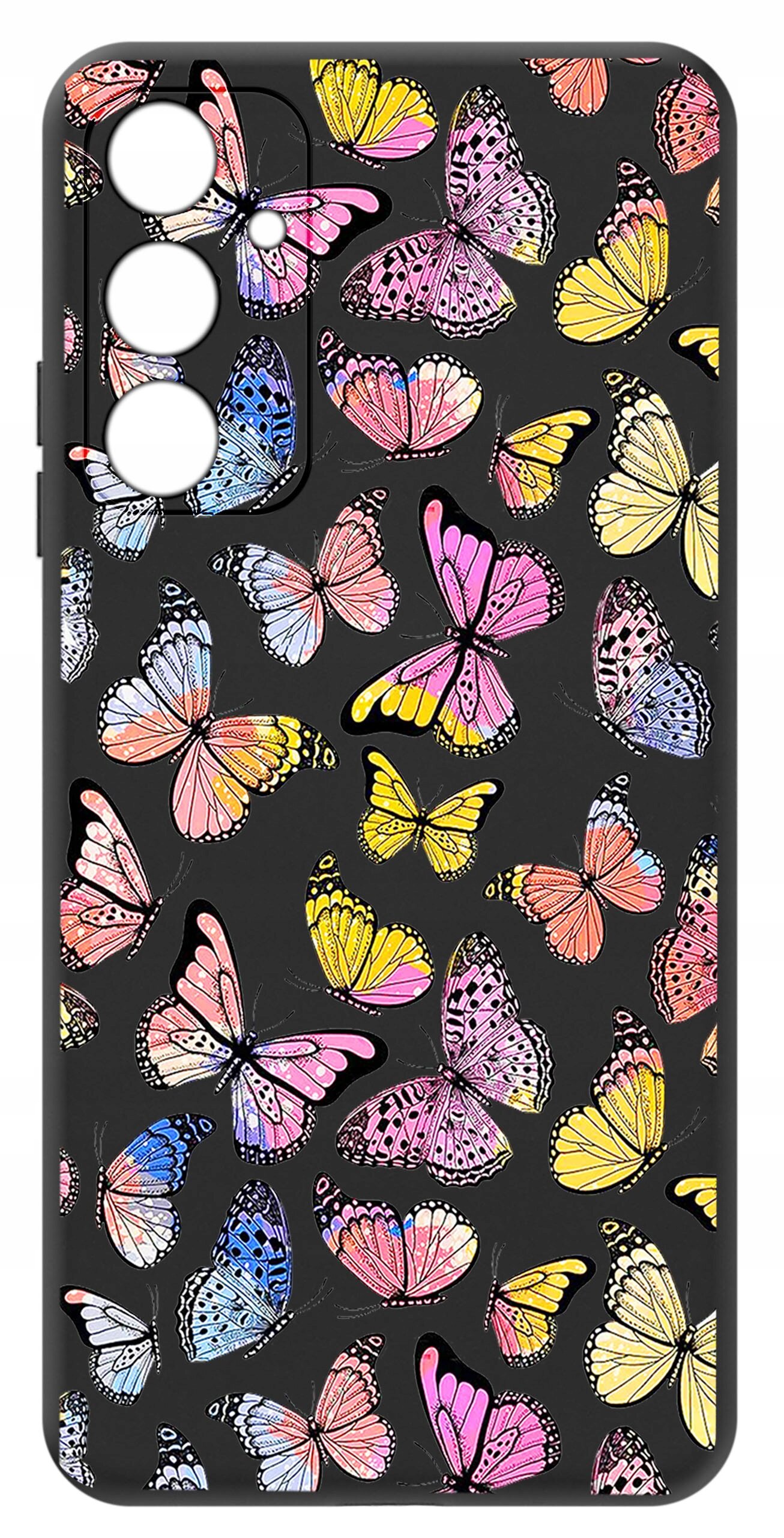 Etui na telefon z kolorowym wzorem motyli na czarnym tle, z wycięciami na aparat i przyciski.