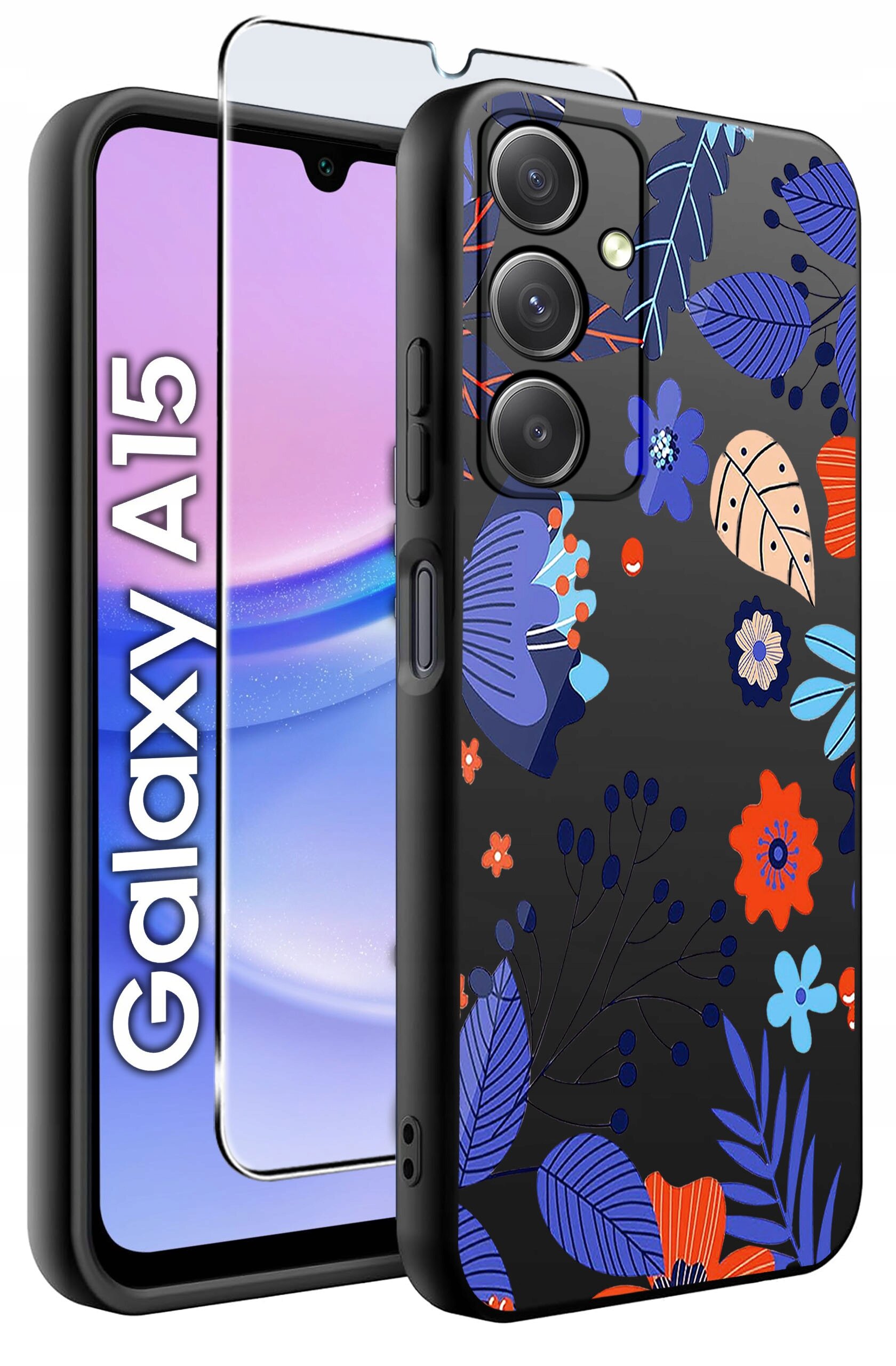 Obraz przedstawia silikonowe etui na telefon z kolorowym wzorem kwiatowym oraz szkło ochronne. Na ekranie telefonu widoczny jest napis \'Galaxy A15\'.