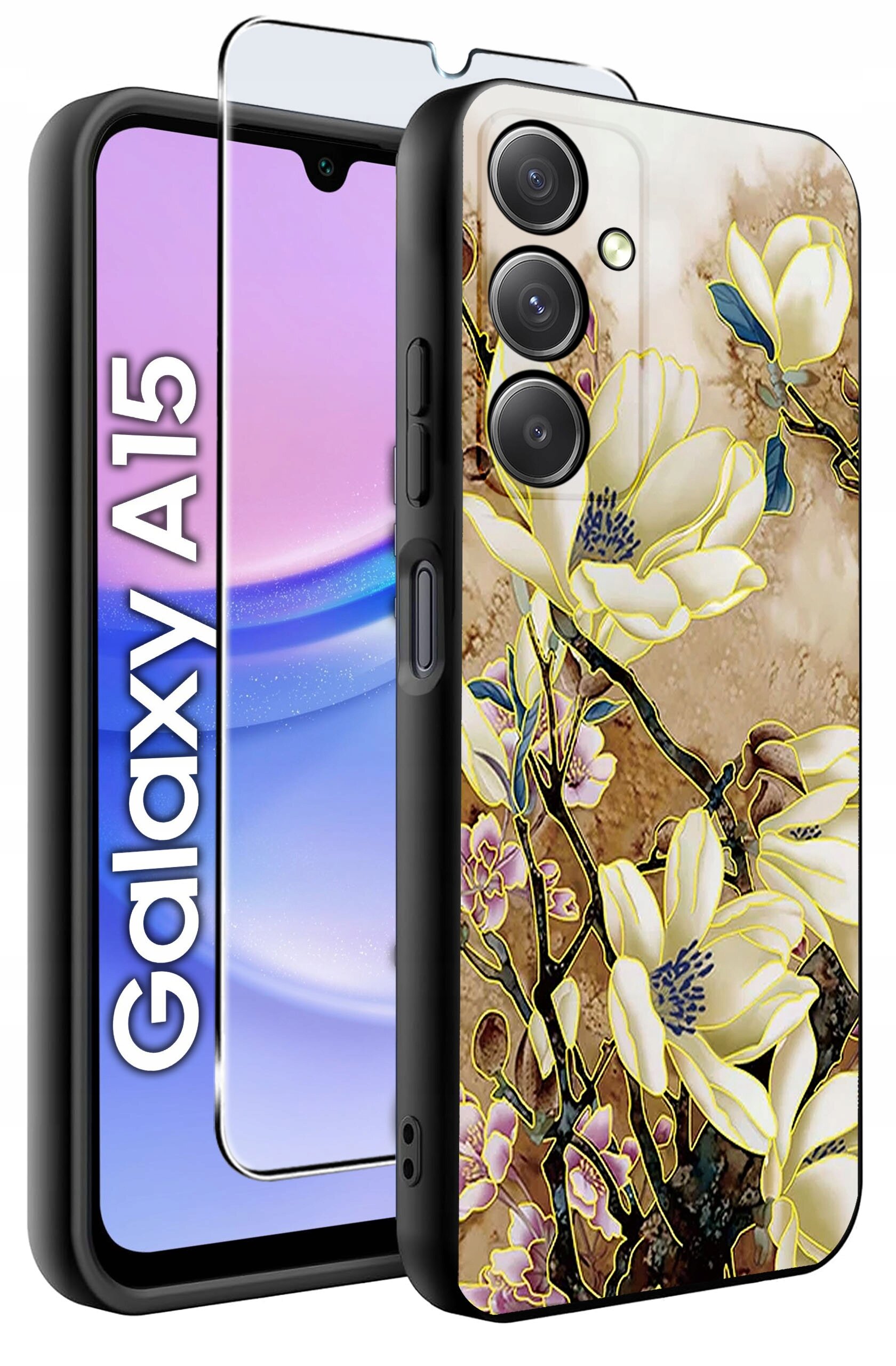 Obraz przedstawia etui na telefon z kwiatowym wzorem oraz szkło ochronne. Obok widoczny jest telefon z napisem \'Galaxy A15\'.